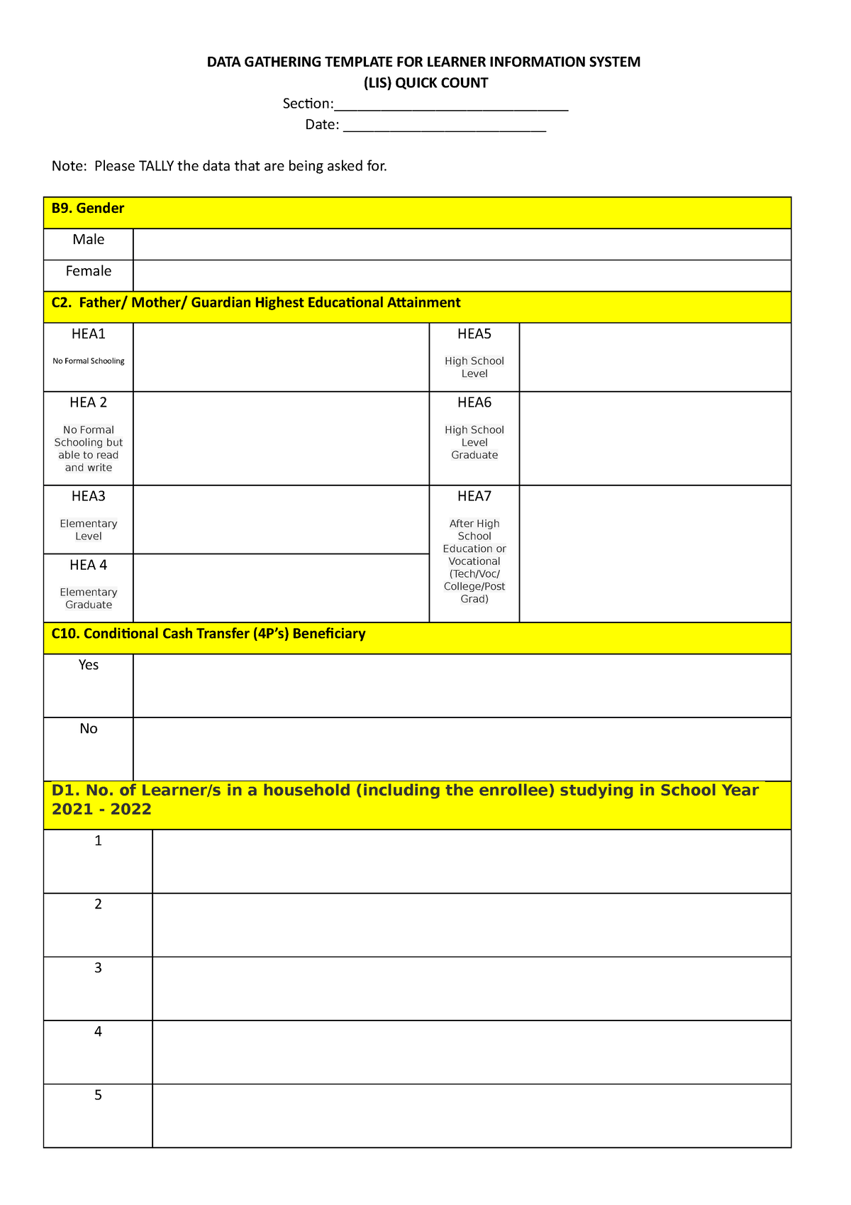 DATA Gathering Template FOR Section Advisers DATA GATHERING TEMPLATE