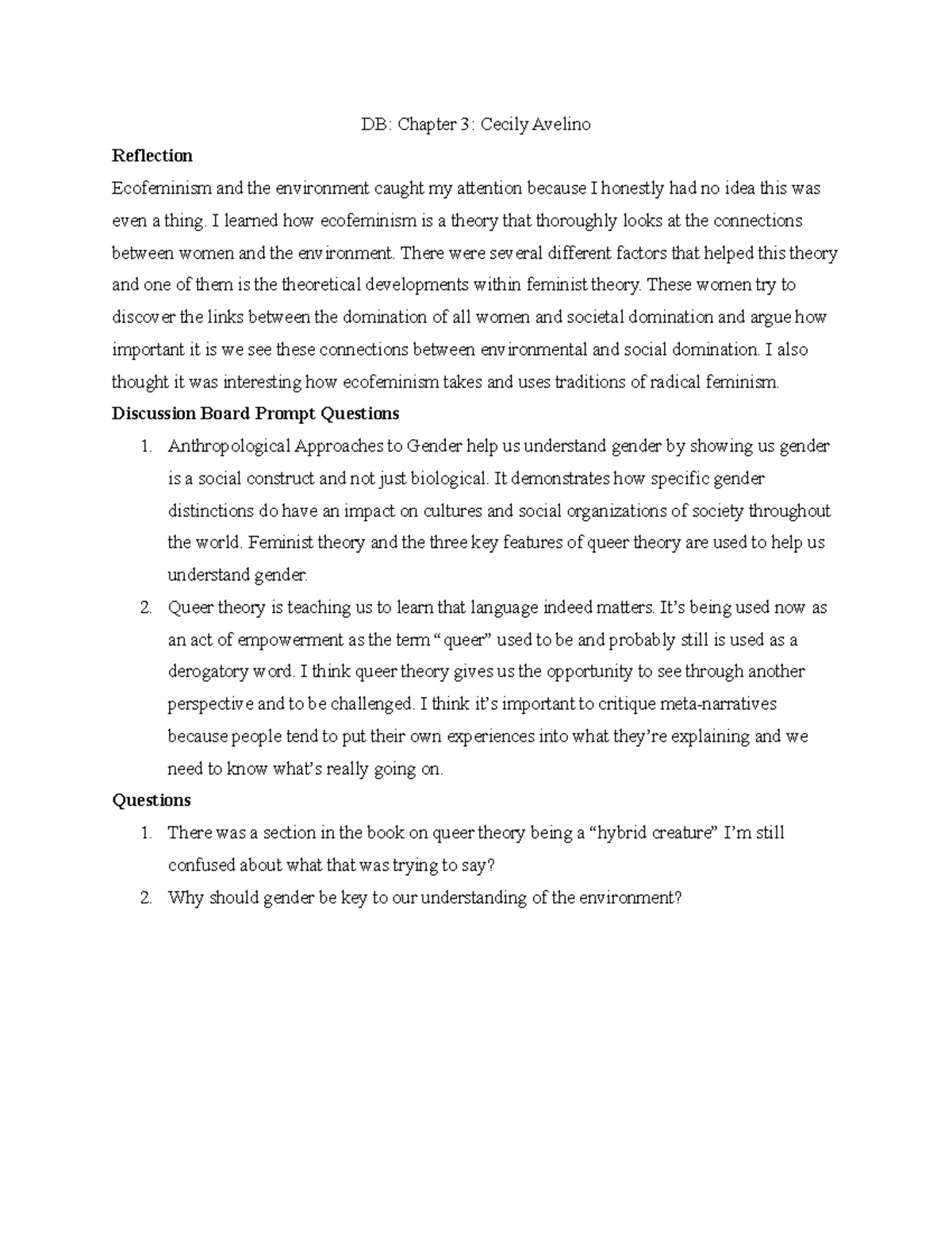DB Chapter 3 - DB: Chapter 3: Cecily Avelino Reflection Ecofeminism and ...