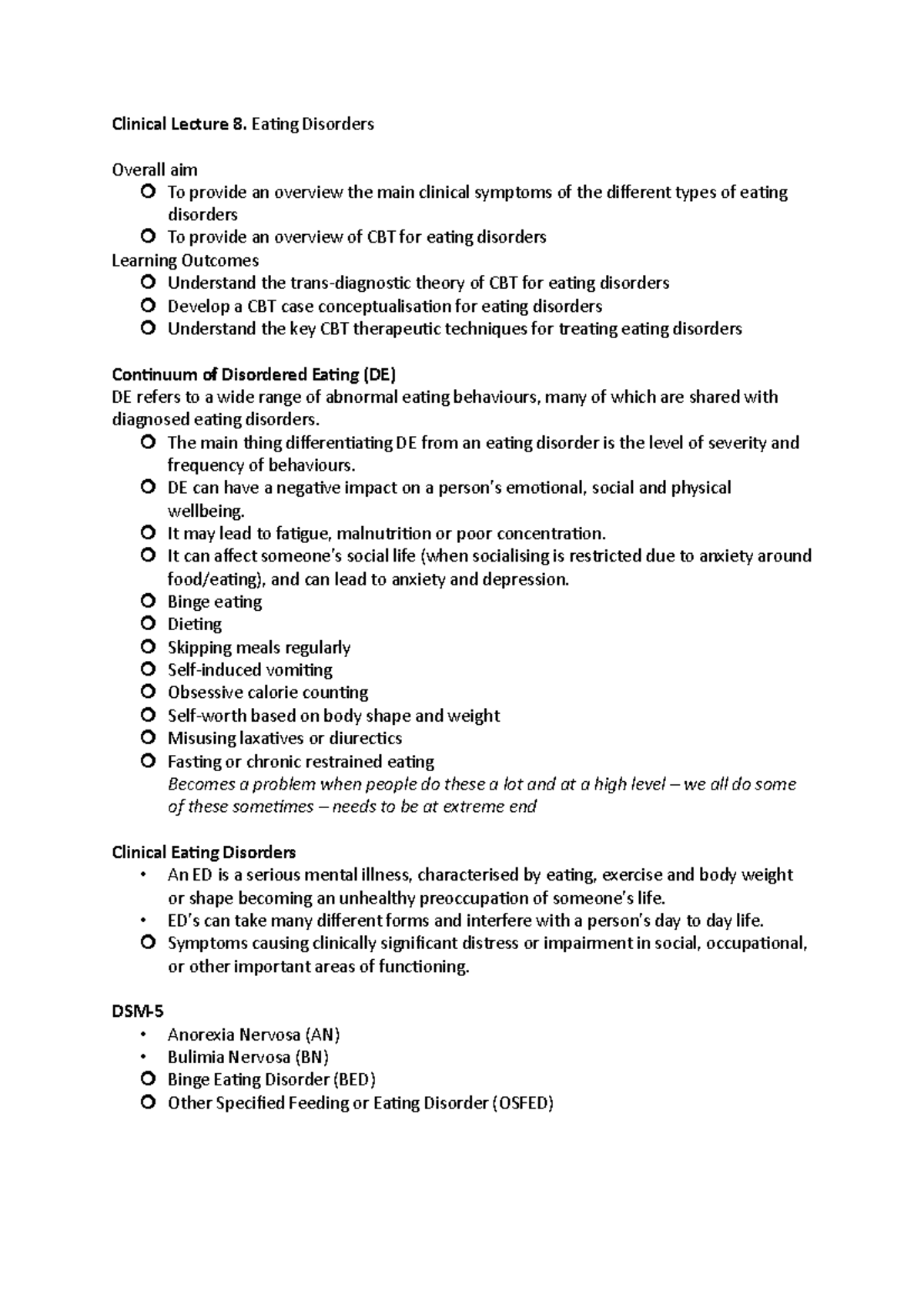 Clinical Lecture 8 - Eating Disorders - Clinical Lecture 8. Eating ...