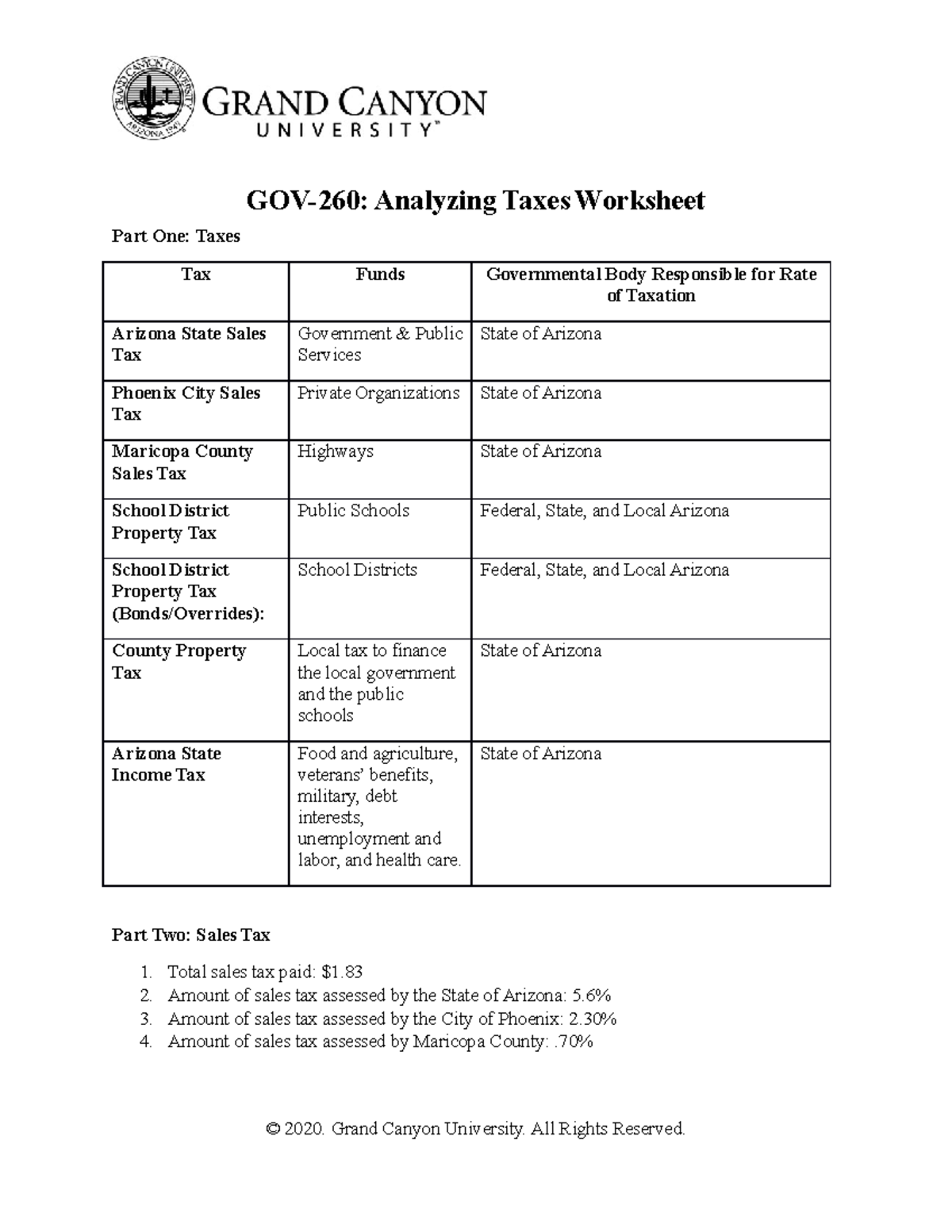 The Analyzing Tax Worksheet for Gov 260 - GOV-260: Analyzing Taxes Worksheet  Part One: Taxes Tax - Studocu