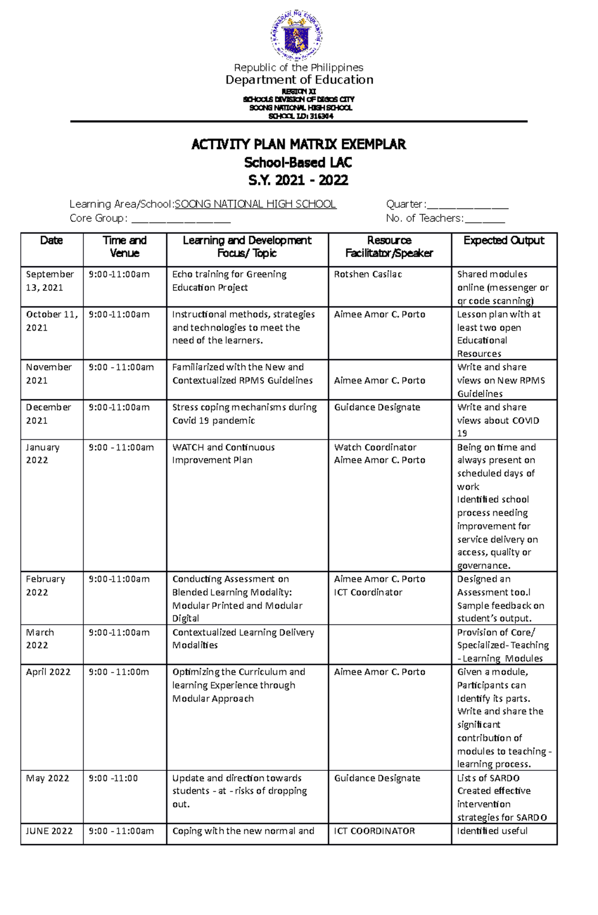 Soong NHS Activity Matrix Exemplar-2021 - Republic of the Philippines ...