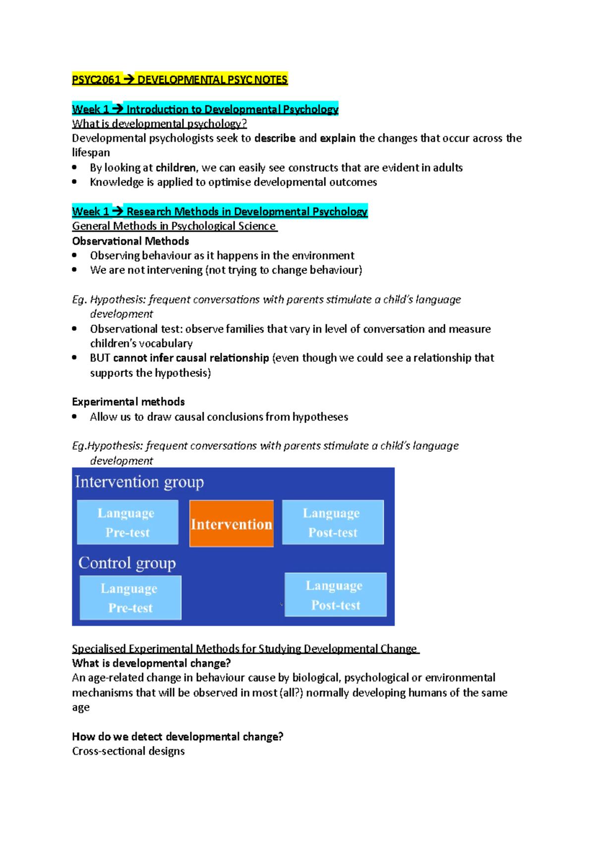Developmental psyc notes - PSYC2061 DEVELOPMENTAL PSYC NOTES Week 1 ...