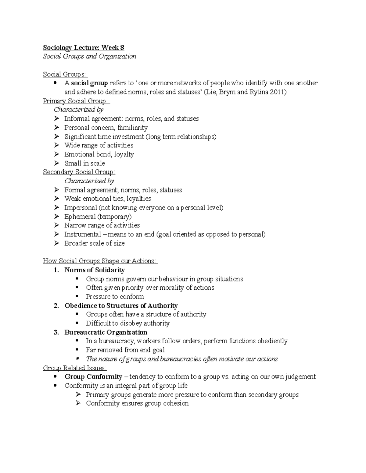 Sociology Lecture week 8 - Sociology Lecture: Week 8 Social Groups and ...