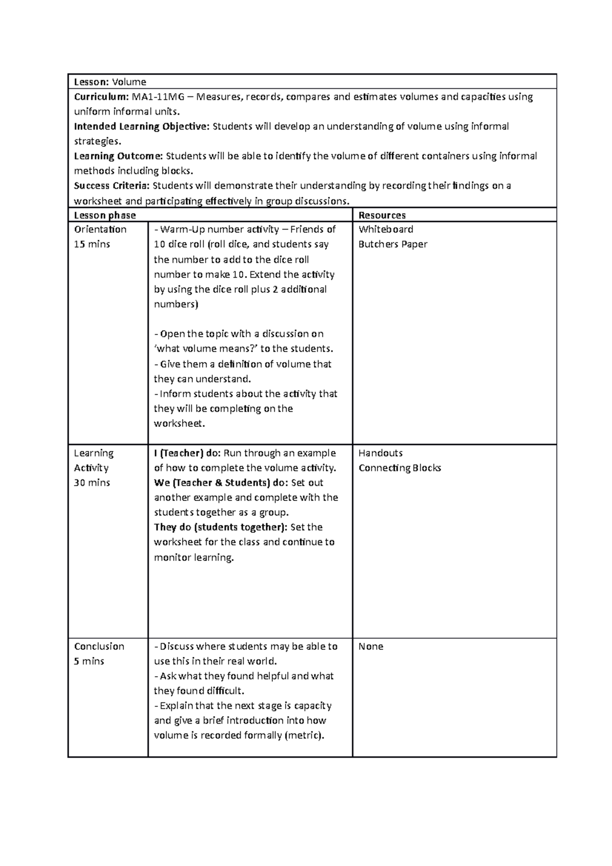 Volume Lesson Plan - APPS 12052021 - Lesson: Volume Curriculum: MA1 ...