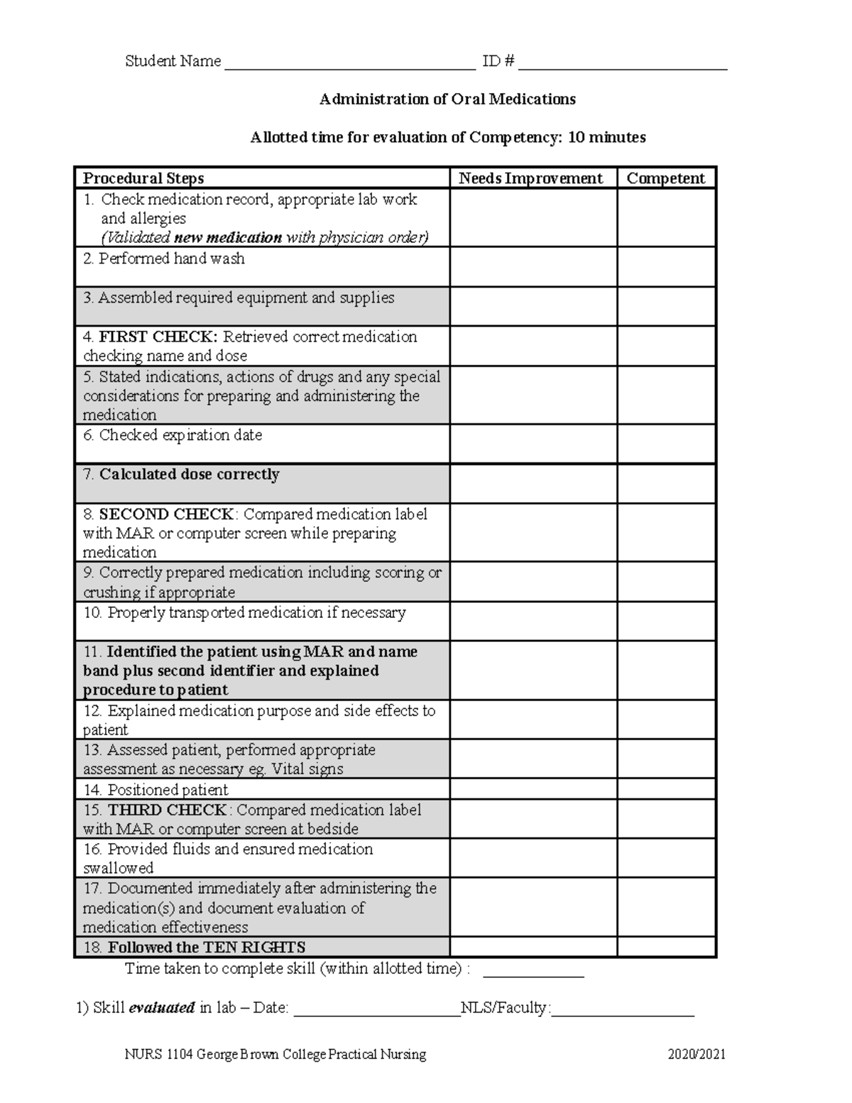 Skill Checklist - Oral Medication Fall 2020 - Student Name