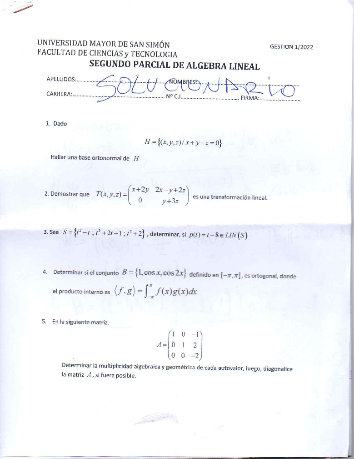 2022-1 Segundo Parcial Solucionario-1 - Algebra II - Studocu