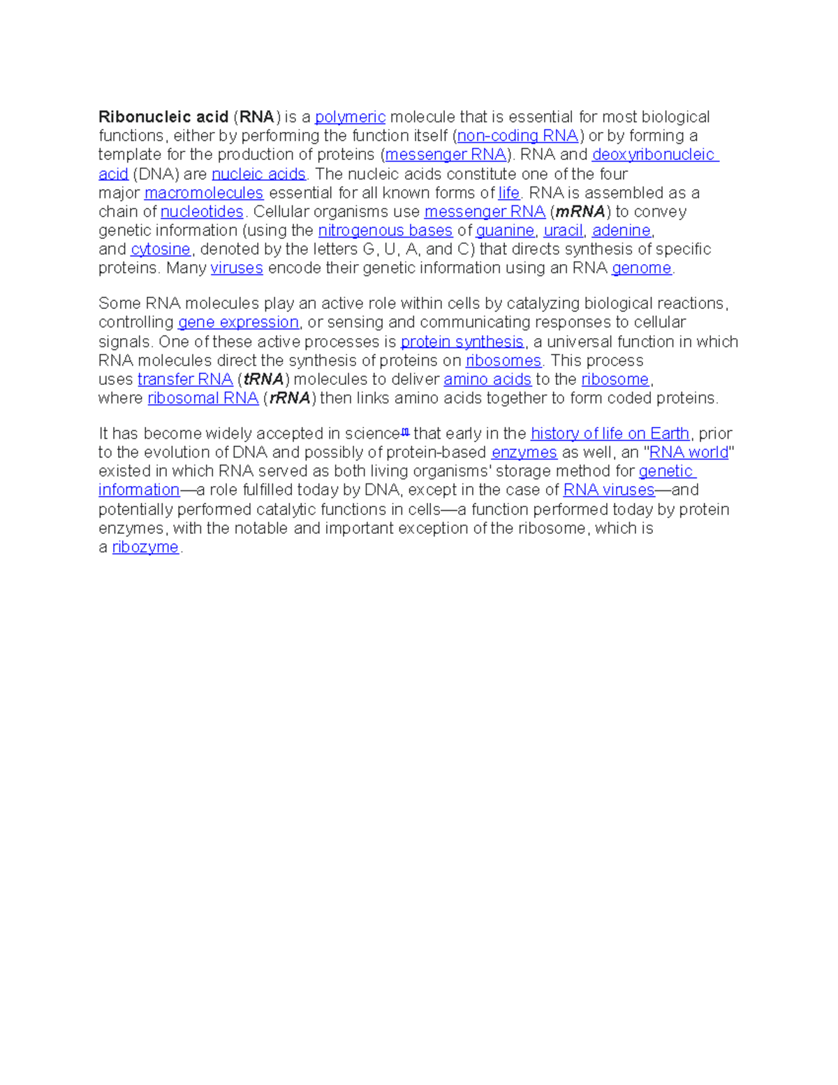 Ribonucleic acid - summary - Ribonucleic acid (RNA) is a polymeric ...