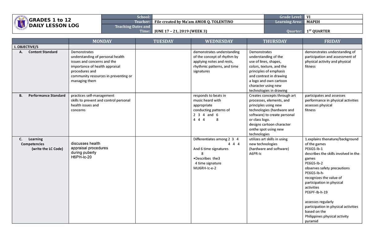 DLL Mapeh 6 Q1 W3 - Lesson Plan - GRADES 1 To 12 DAILY LESSON LOG ...