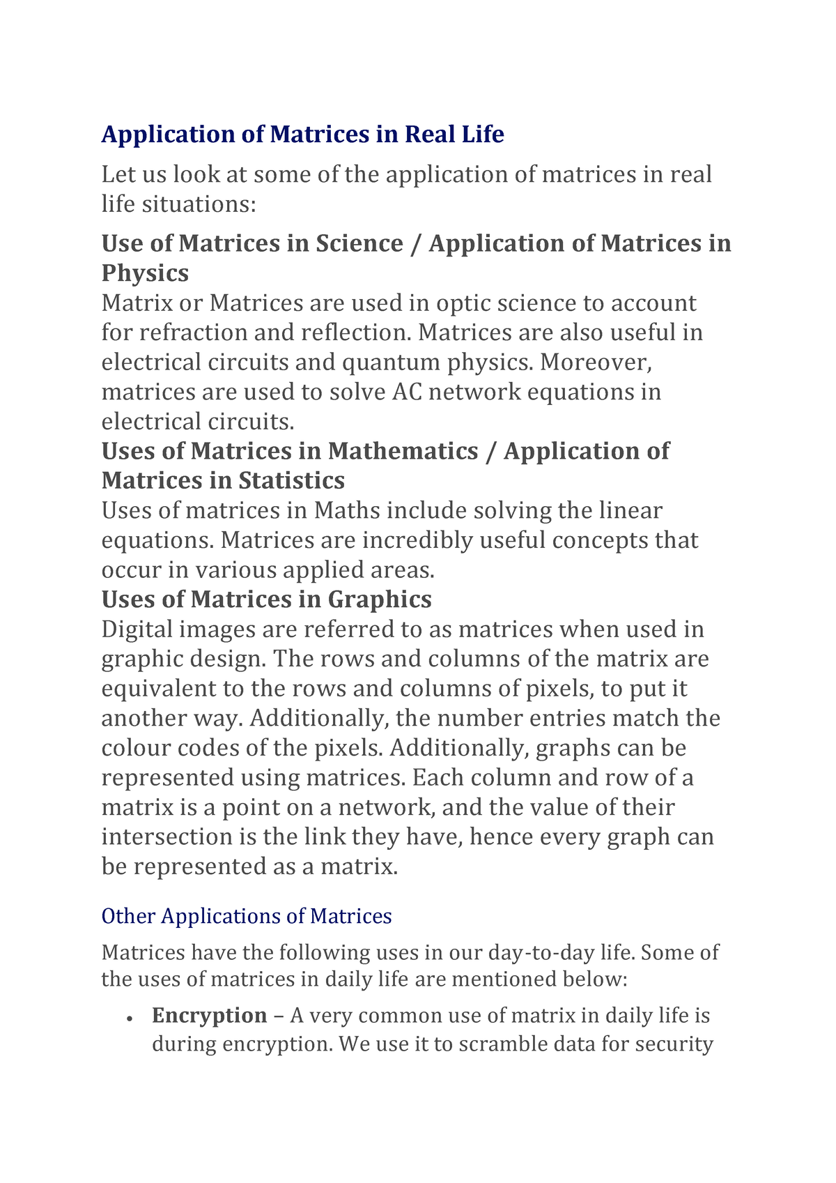 research paper on application of matrices