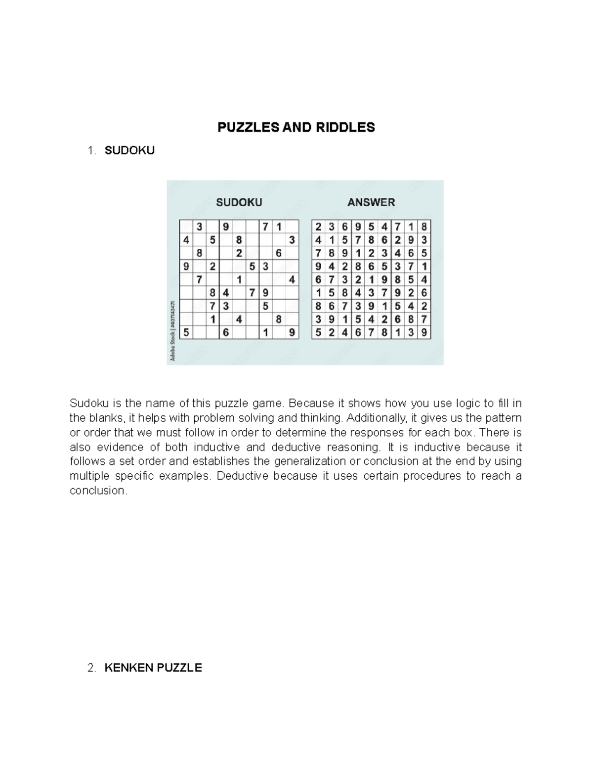 Puzzles and Riddles - PUZZLES AND RIDDLES 1. SUDOKU Sudoku is the name ...