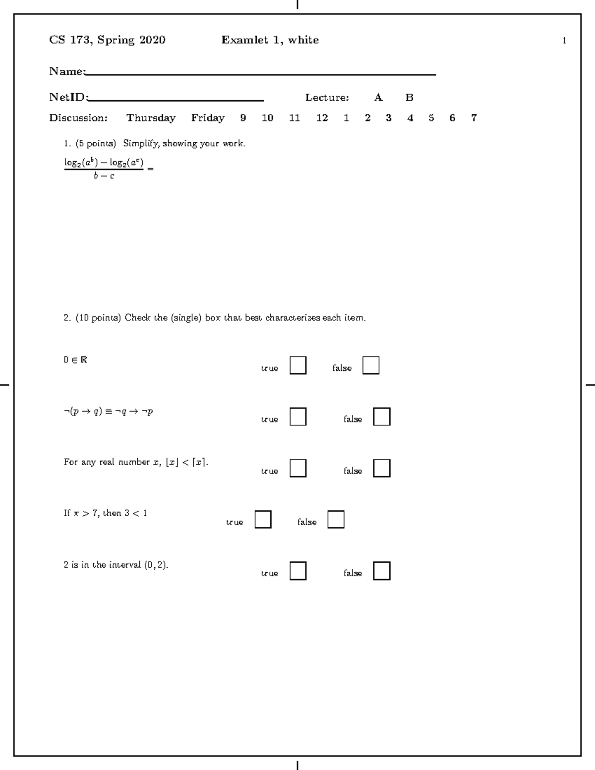 Cs 173 Examlet A - Asfd - Name: NetID: Lecture: A B Discussion ...