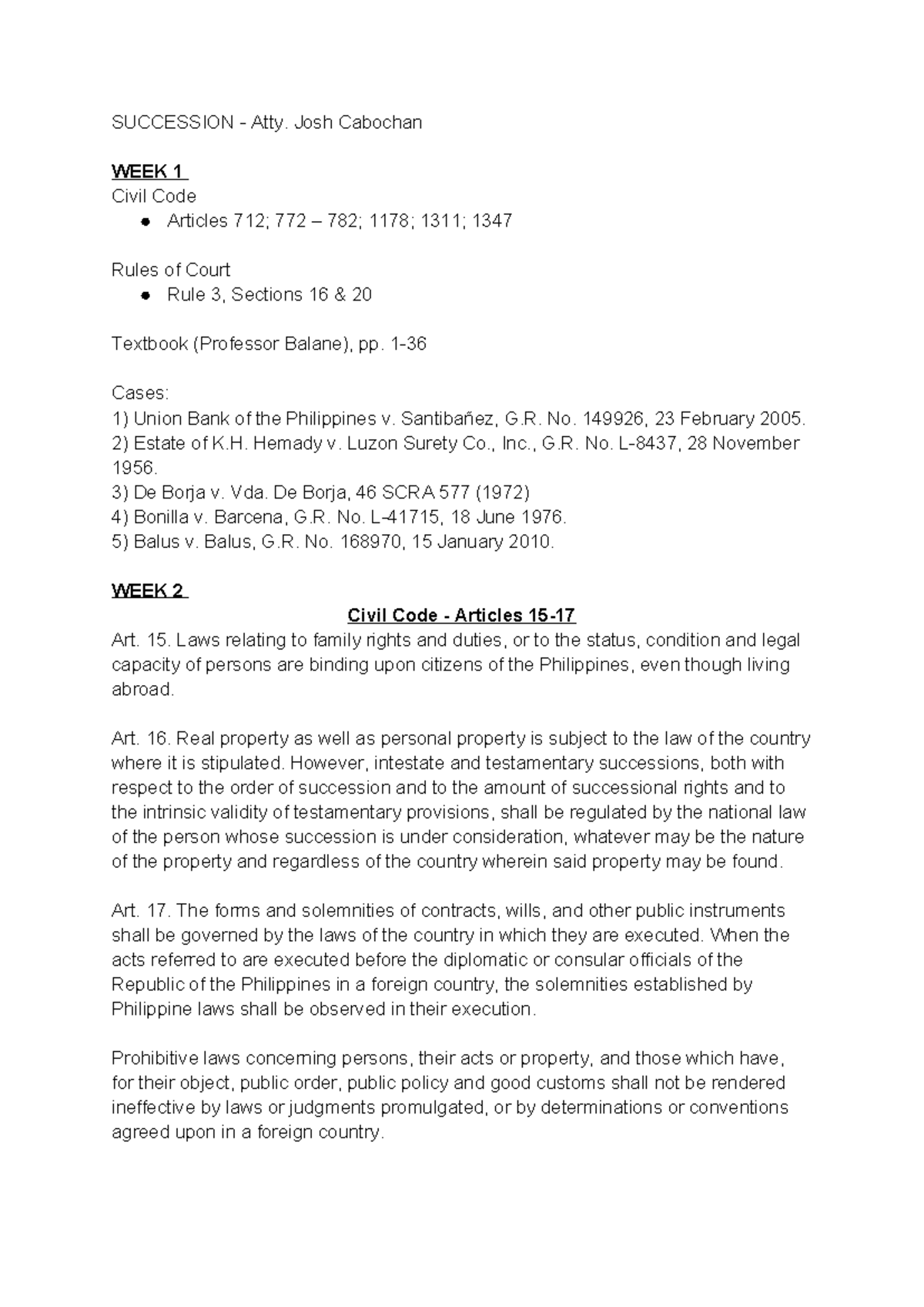 Succession-Week 1 and 2 - SUCCESSION - Atty. Josh Cabochan WEEK 1 Civil ...