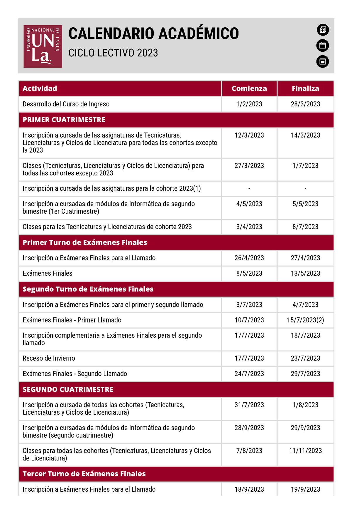 Calendario Académico - En este documento nos podemos fijar las fechas de examenes finales y 