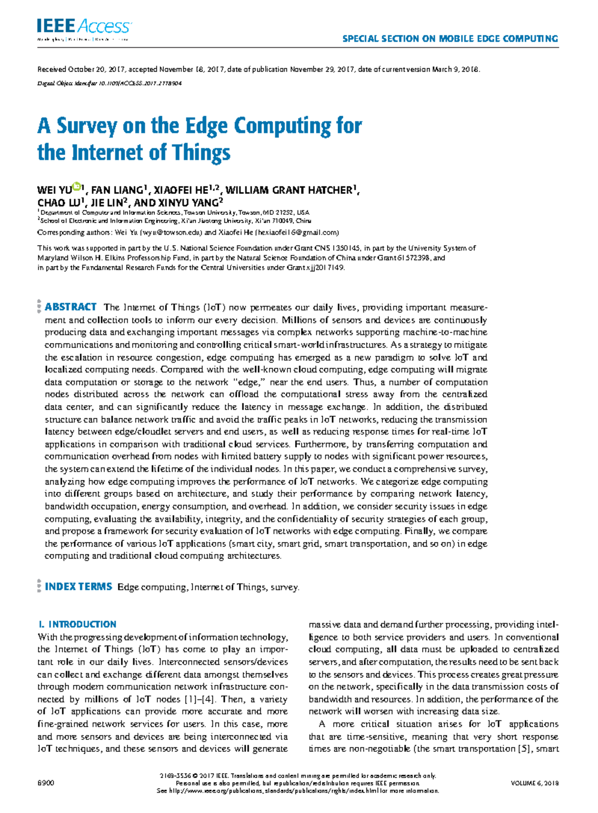 A Survey on the Edge Computing for the Internet of Things - SPECIAL ...