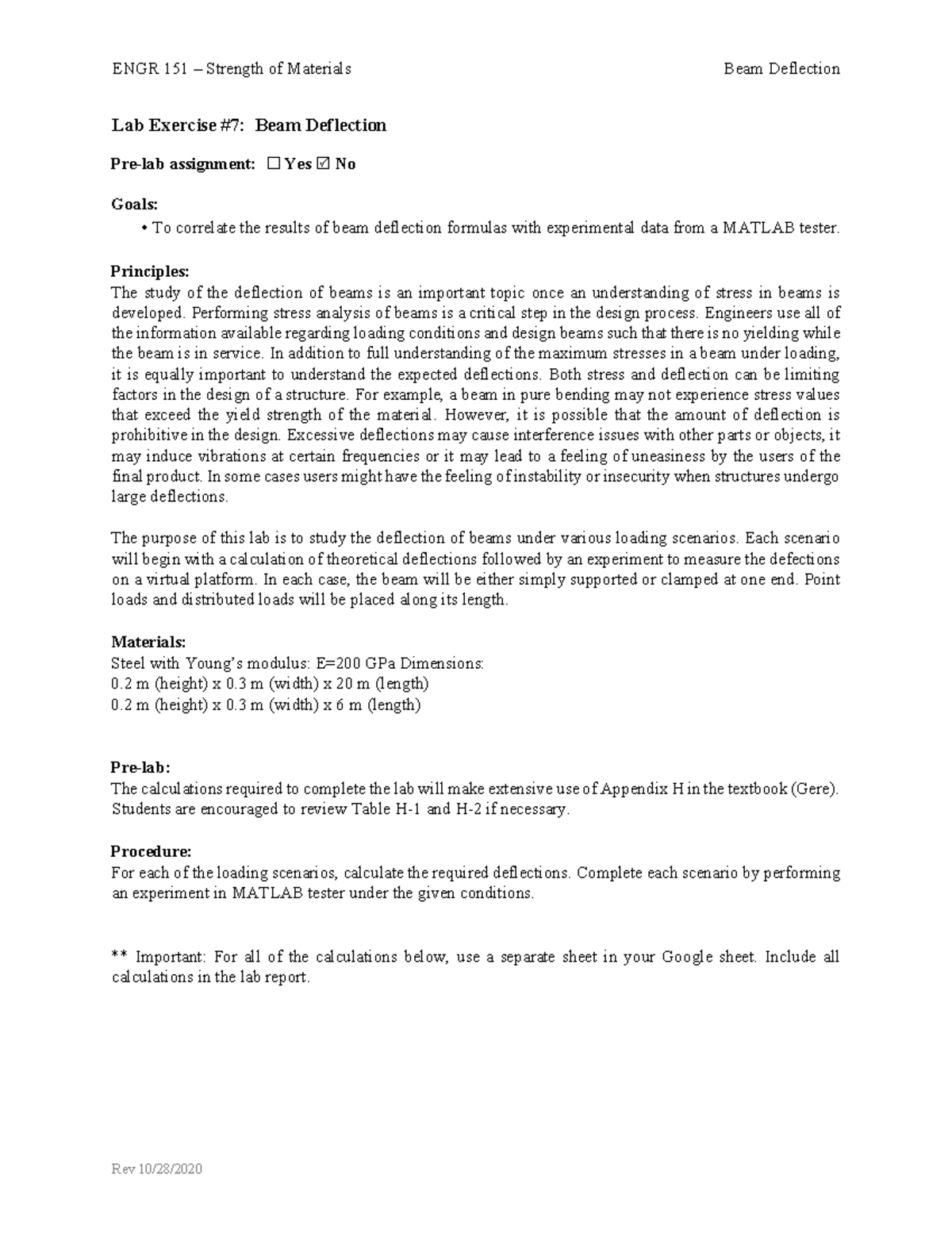 Lab+7+-+Beam Deflection - ENGR 151 – Strength of Materials Beam ...