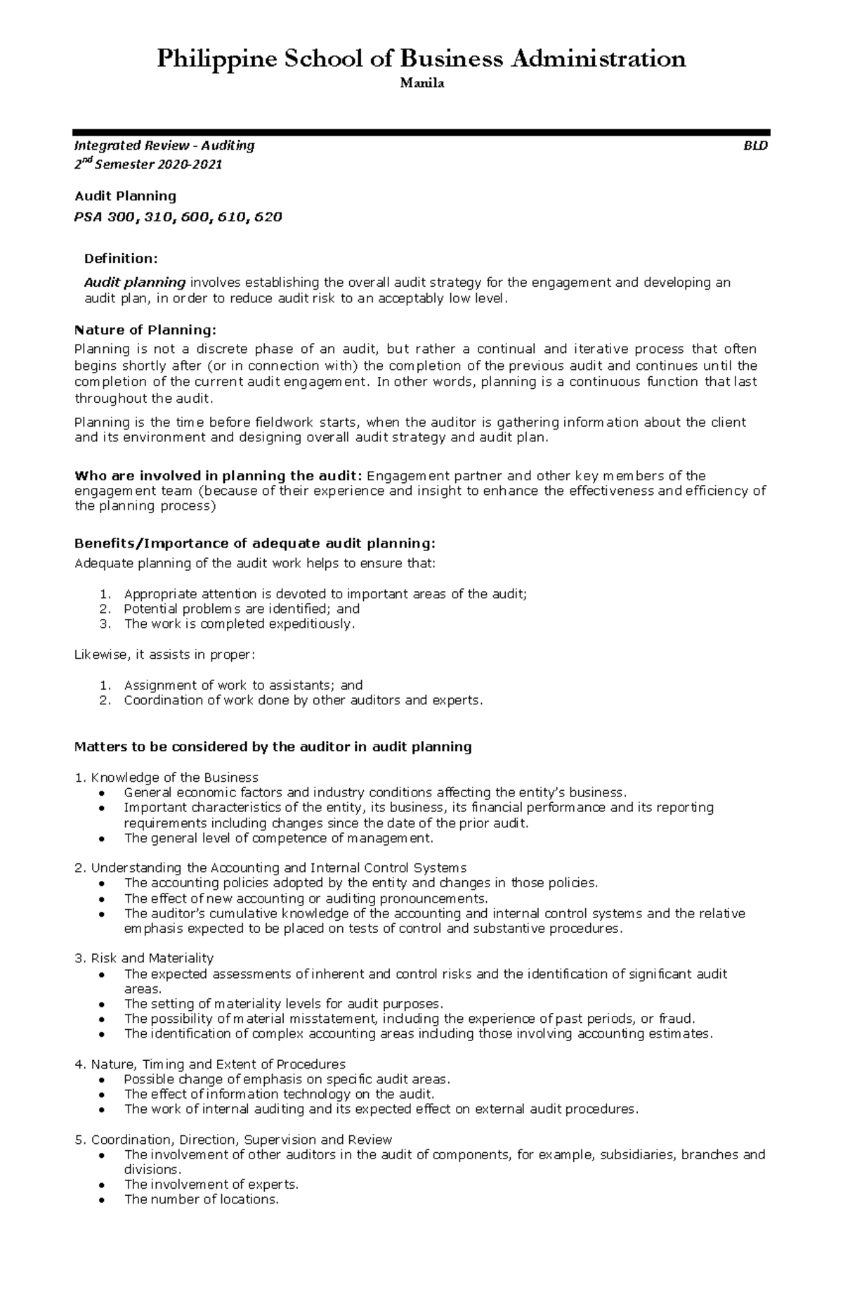 Module 5 - Audit Planning (PSA 300,310) - Integrated Review - Auditing ...