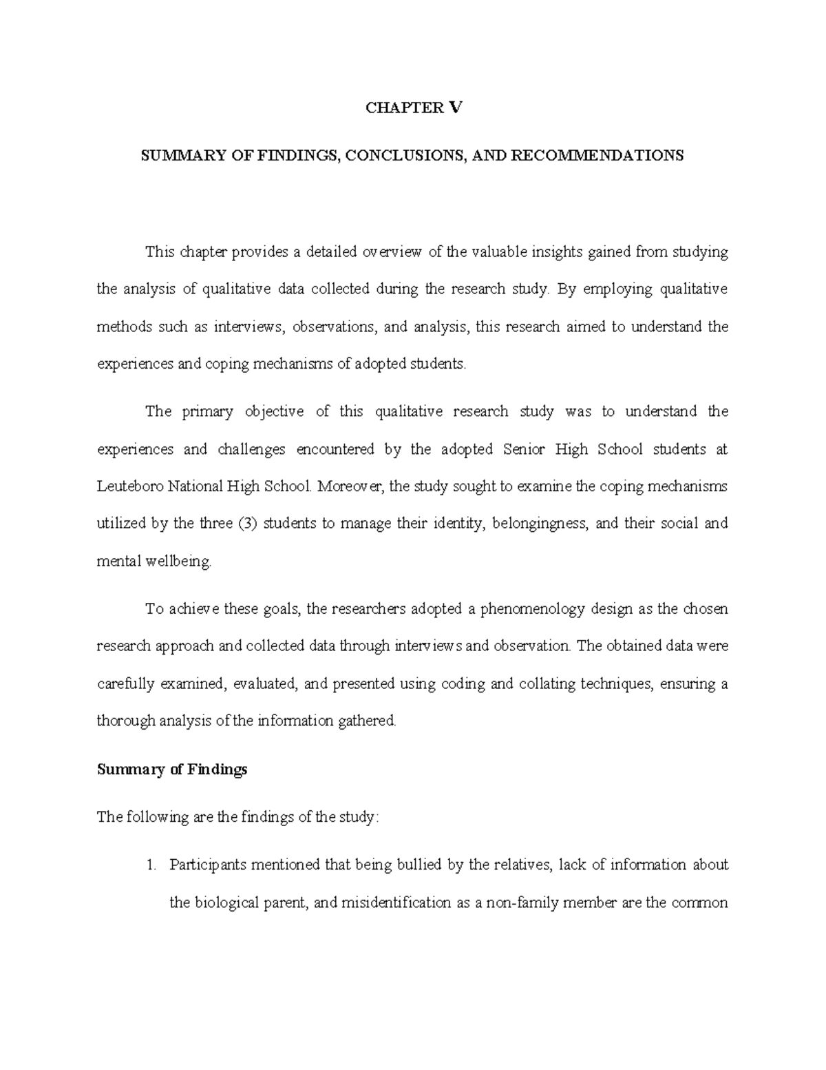 Chapter 5 - QUALITATIVE RESEARCH - CHAPTER V SUMMARY OF FINDINGS ...