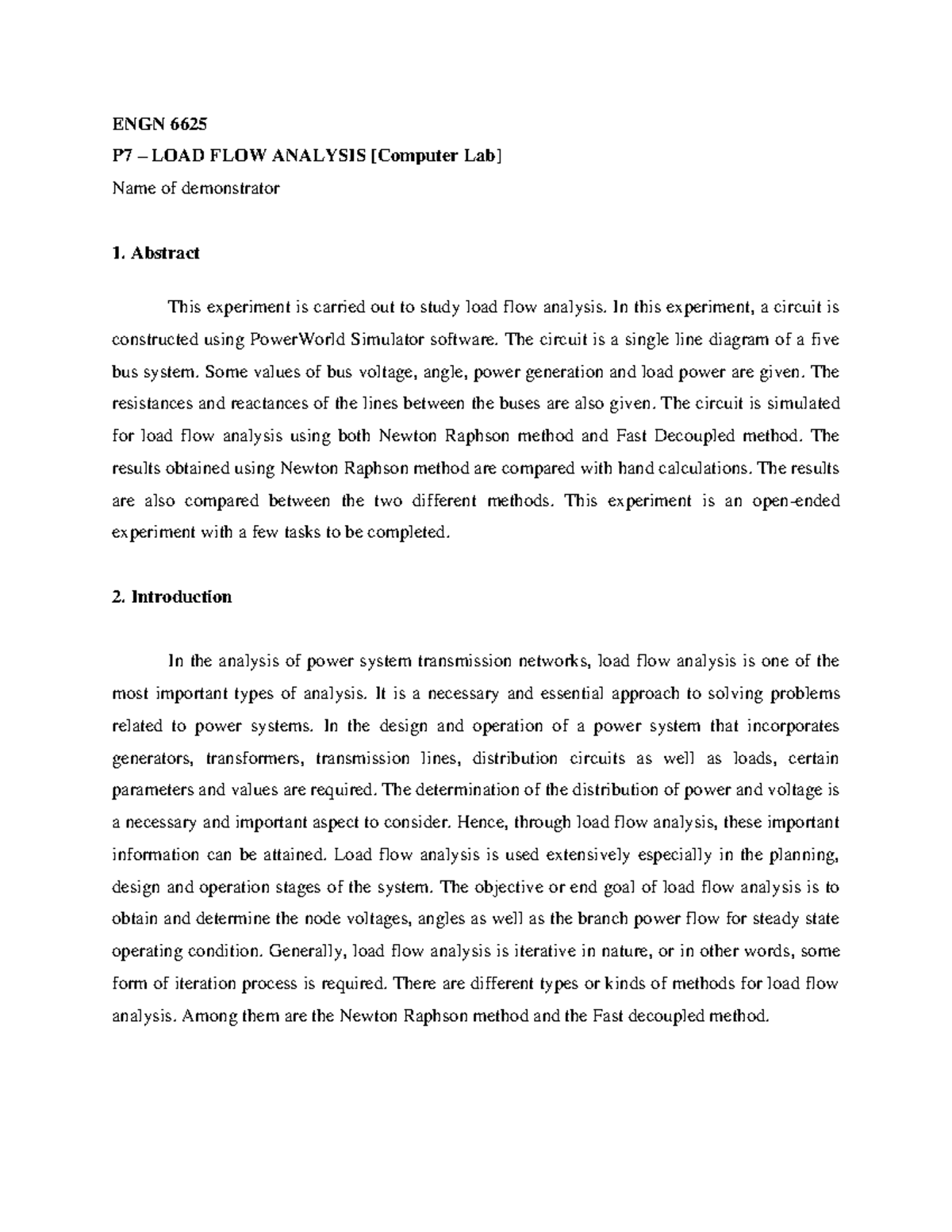 LOAD FLOW Analysis - ENGN 6625 P7 – LOAD FLOW ANALYSIS [Computer Lab ...