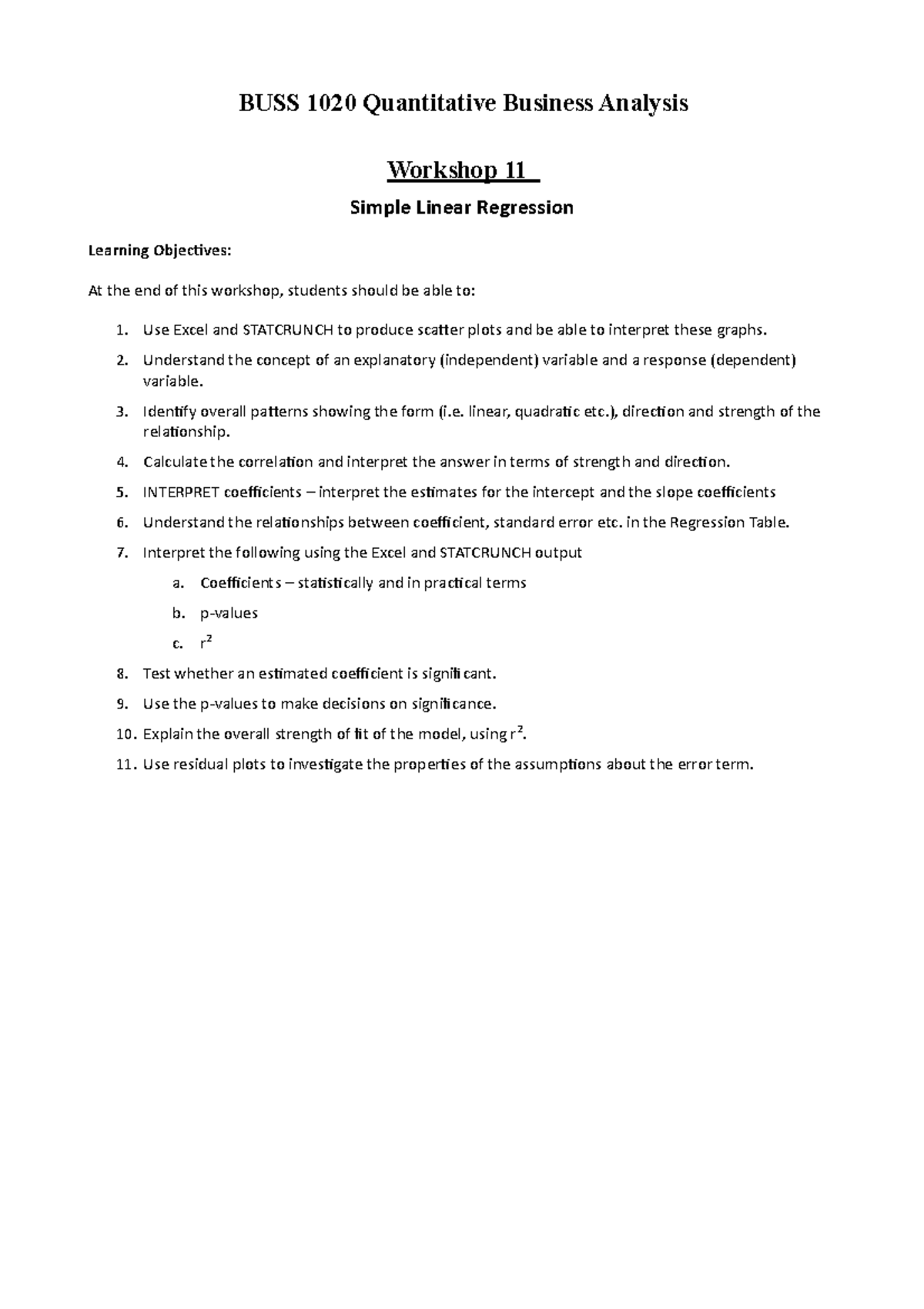 Workshop 11 - Comprehensive Tutorial work - BUSS 1020 Quantitative ...