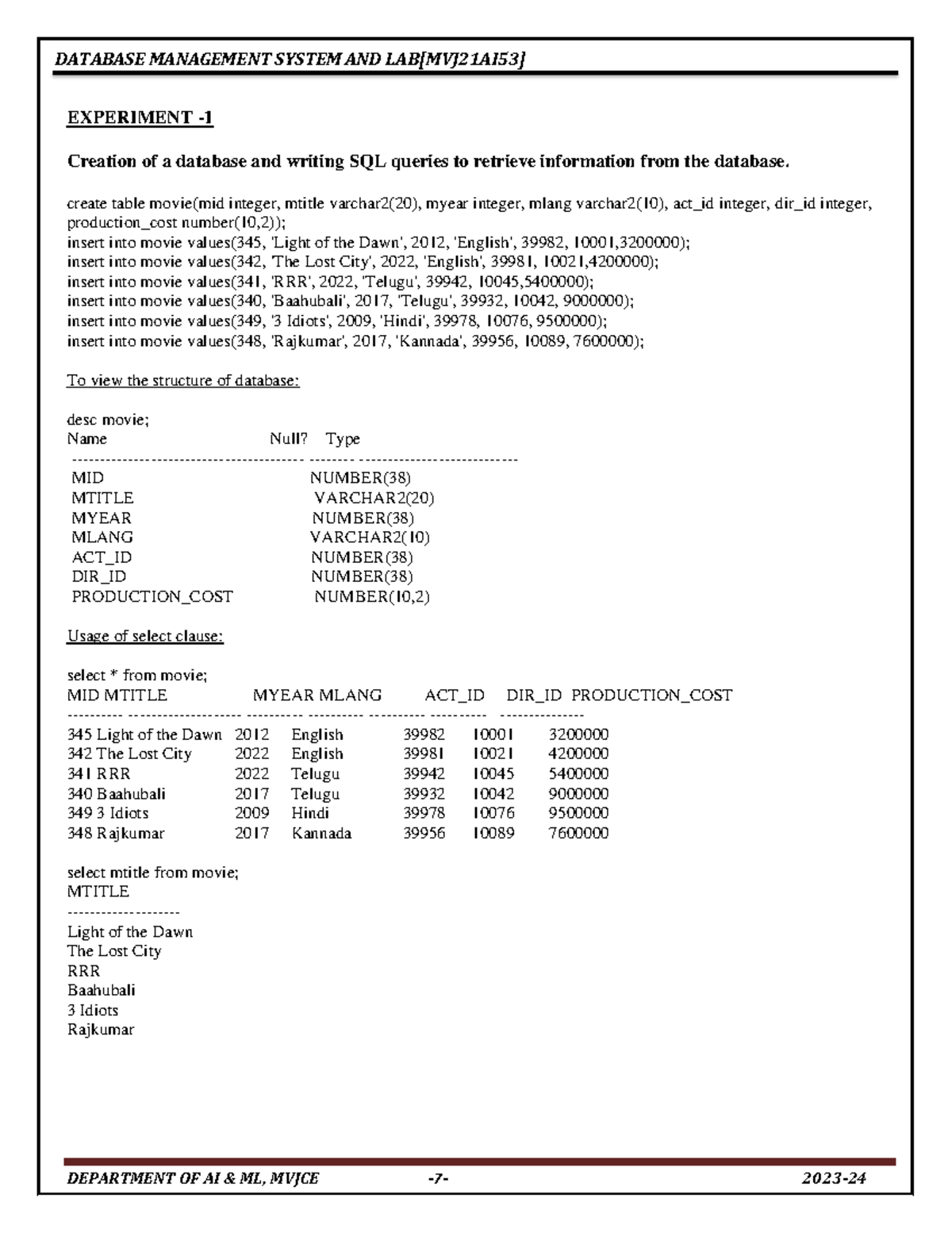 DBMS LAB Manual 2021 Scheme AIML 20232024 removed EXPERIMENT 1