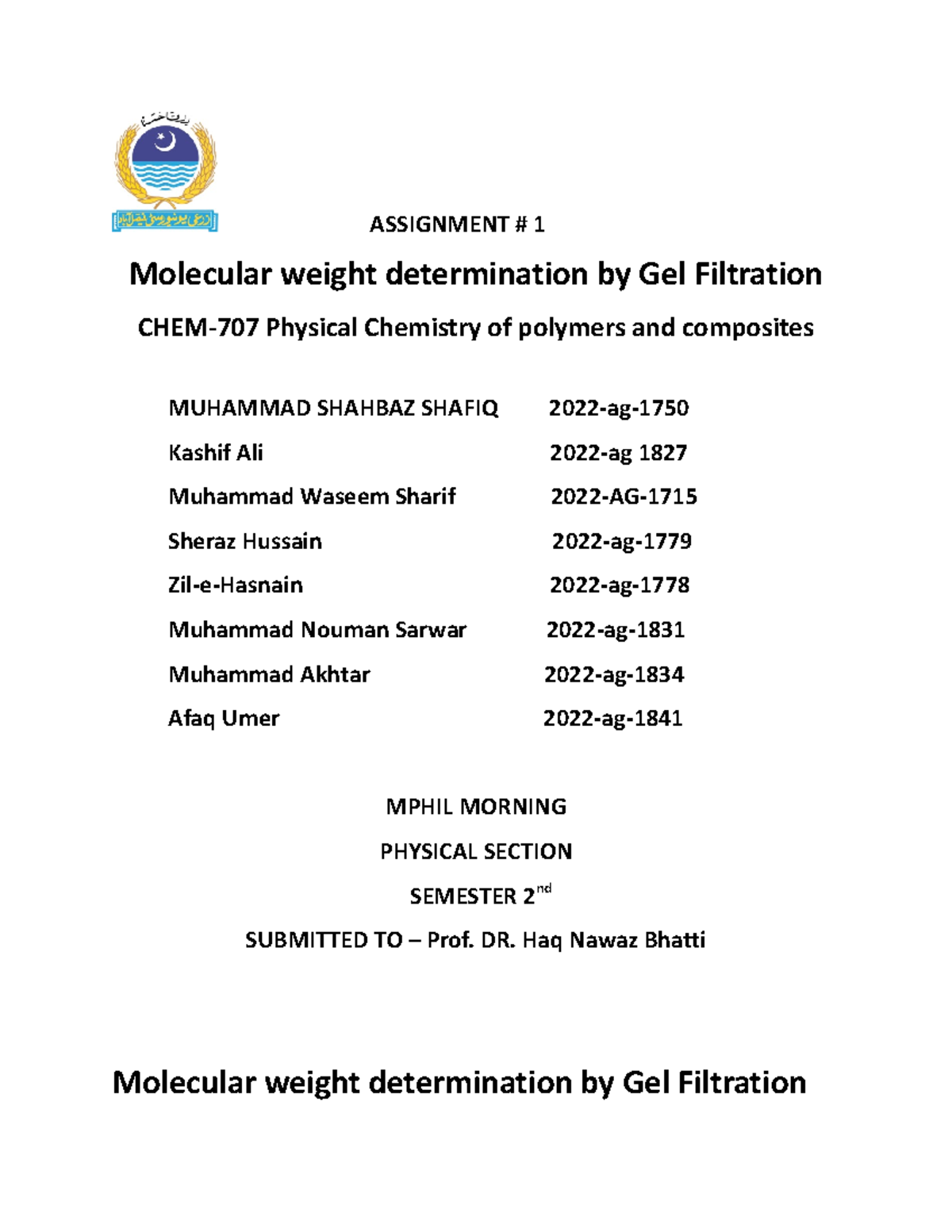 Molecular weight determination by Gel Filtration ASSIGNMENT 1