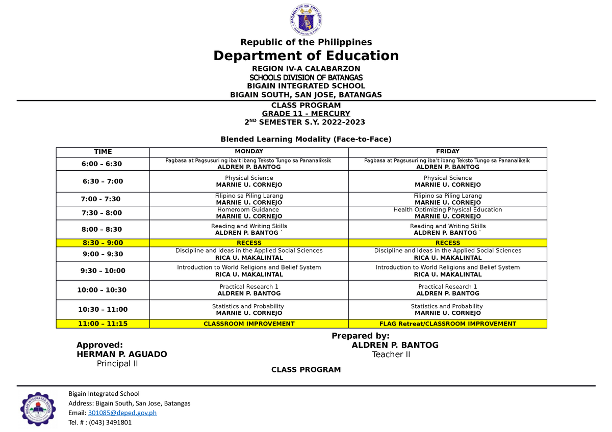 SHS Class Program 2022-23 Second Semester FOR Modular modified with hg ...