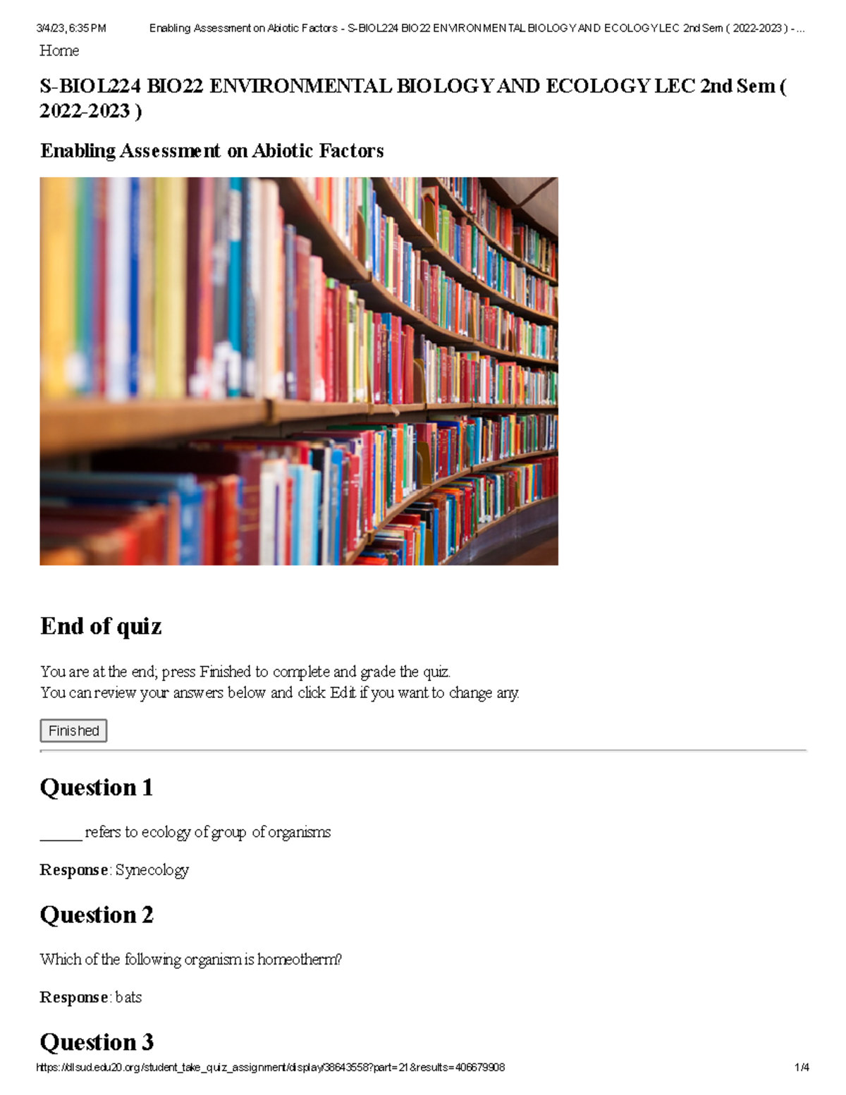 Ecolec quiz quiz Home SBIOL224 BIO22 ENVIRONMENTAL BIOLOGY AND