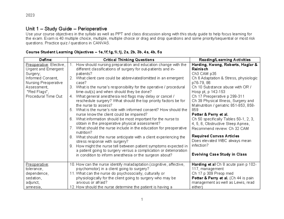 Perioperative Study Guide 3.2023 - Tagged - Unit 1 – Study Guide 