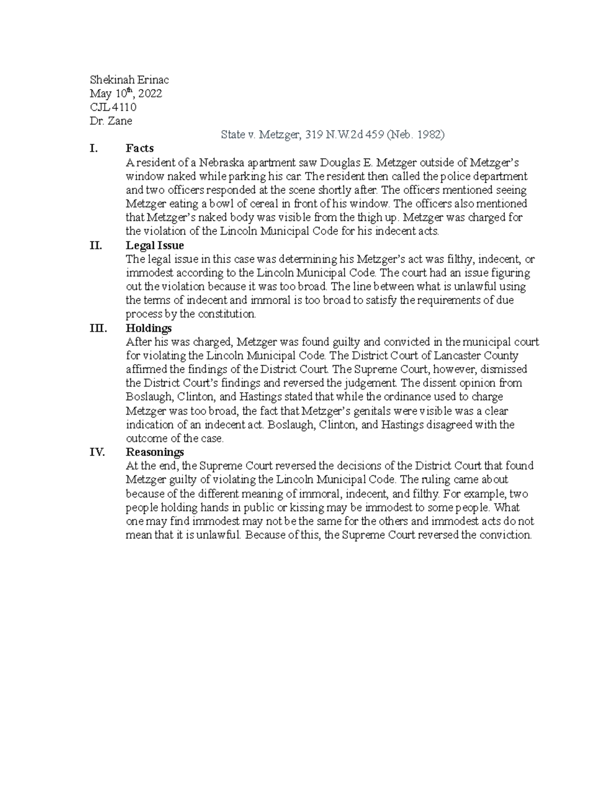 Chapter 2 Case Briefing Shekinah Erinac May 10th, 2022 CJL 4110 Dr