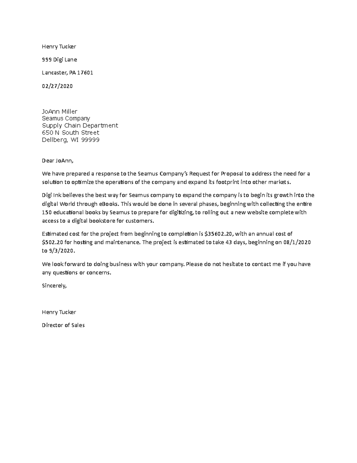 C768 Task 2 Cover Letter - Henry Tucker 999 Digi Lane Lancaster, PA ...