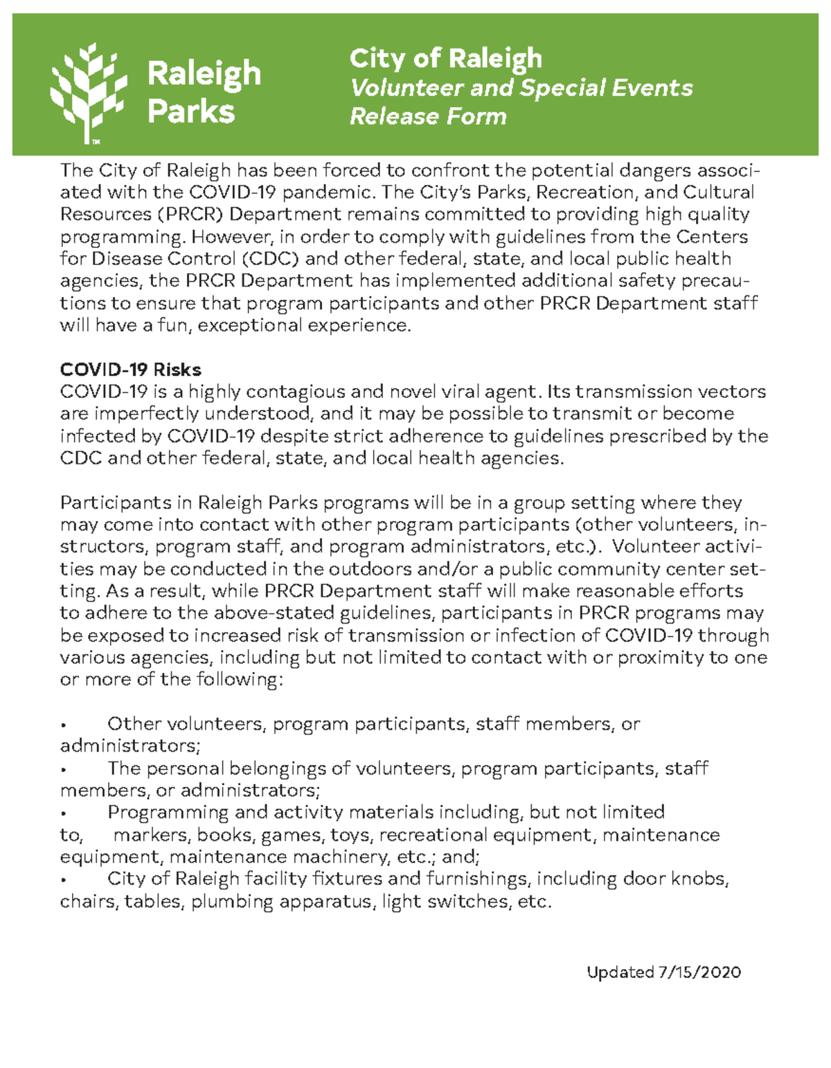2020 PRCR Volunteer Release Form C - City of Raleigh Volunteer and ...