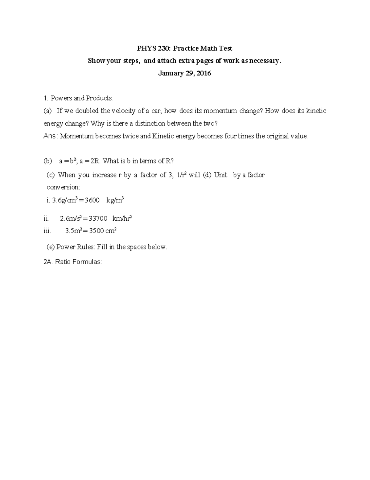 PHYS 230 Practice Math Test (1) - PHYS 230: Practice Math Test Show ...