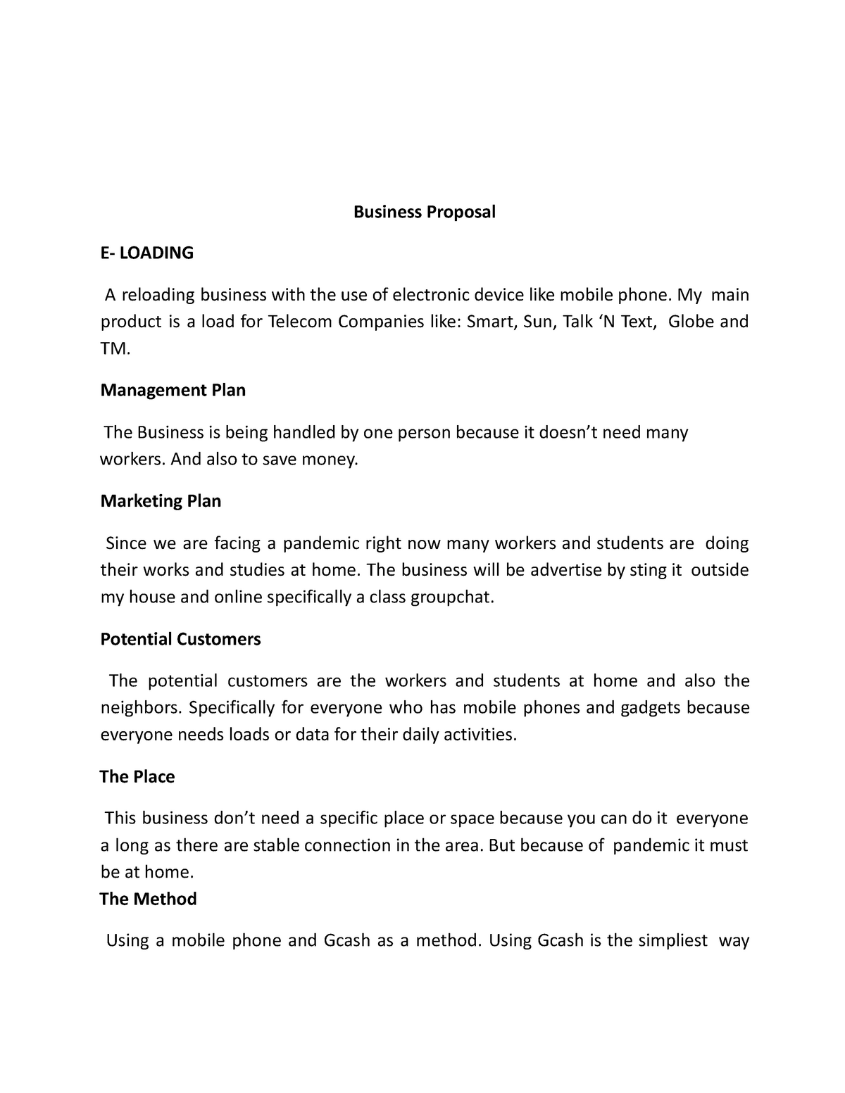 e loading business plan example