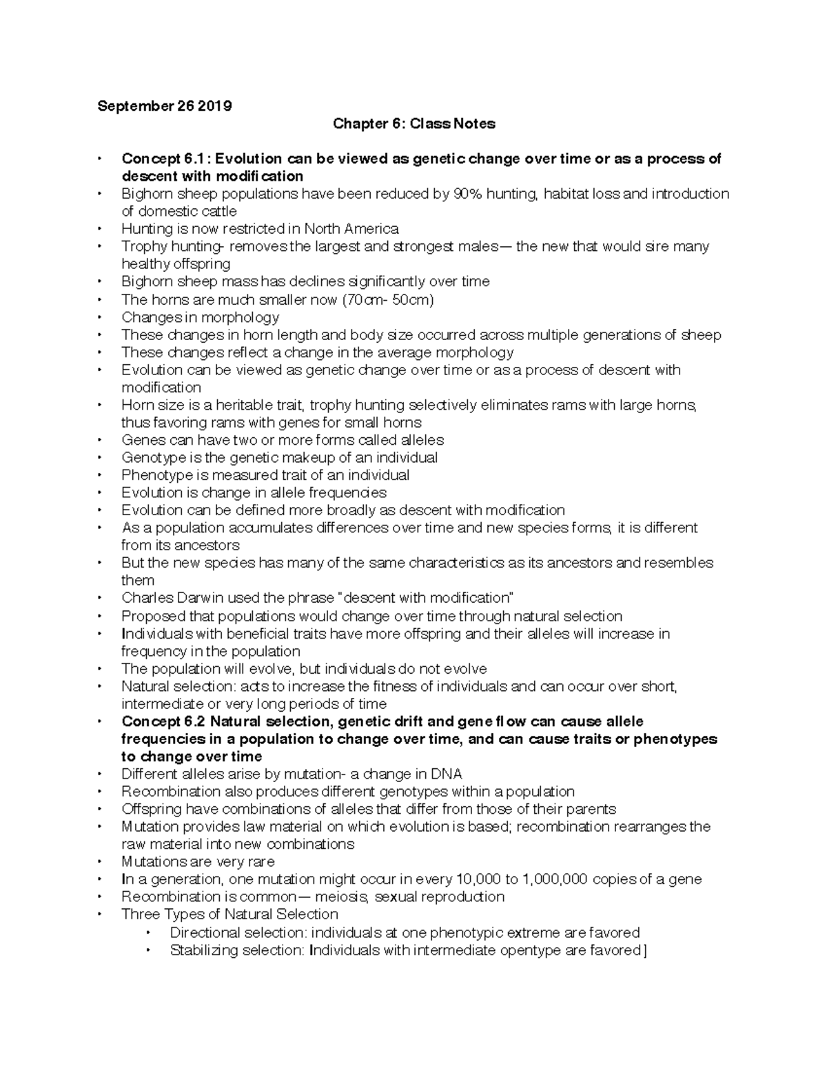 BIO351 Chapter 6 - Lecture Notes taken from class - September 26 2019 ...