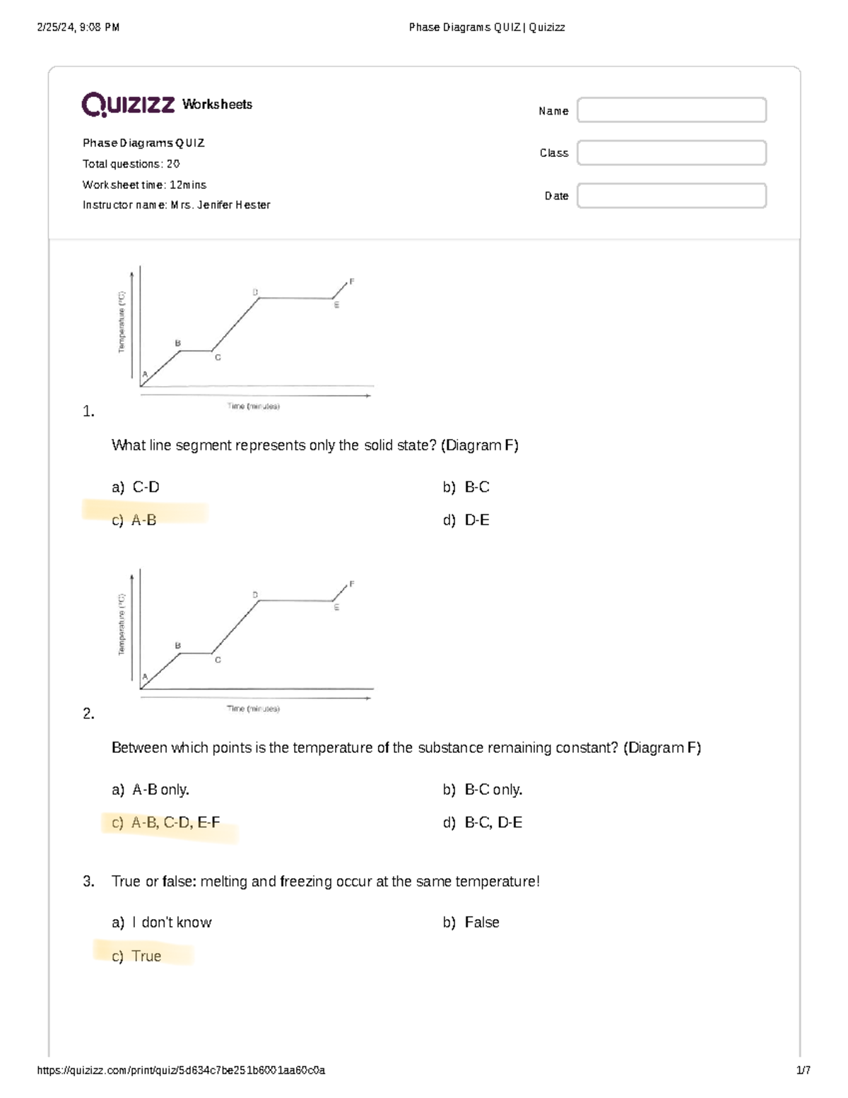 PhaseDiagramsQUIZQuizizz Worksheets Phase Diagrams QUIZ Total