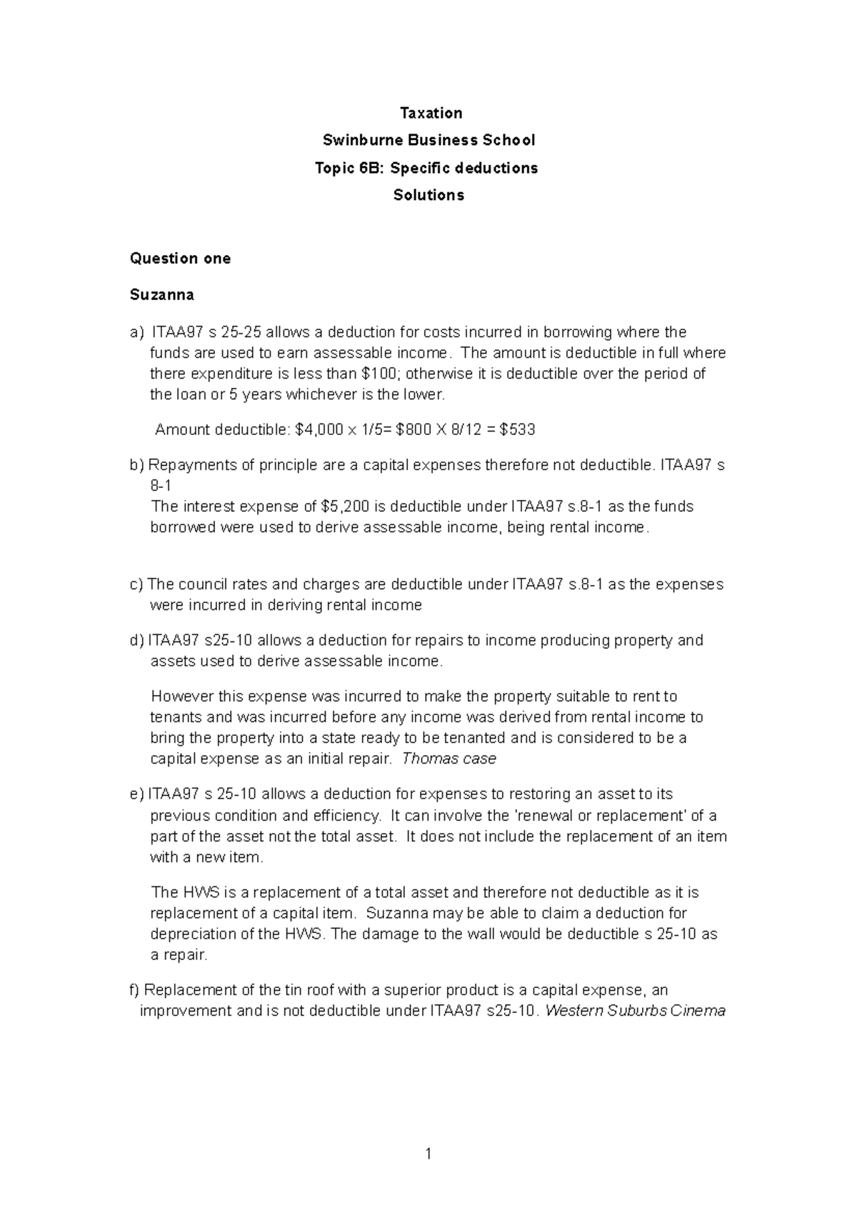Topic 6B Spec dedns solutions - Taxation Swinburne Business School ...