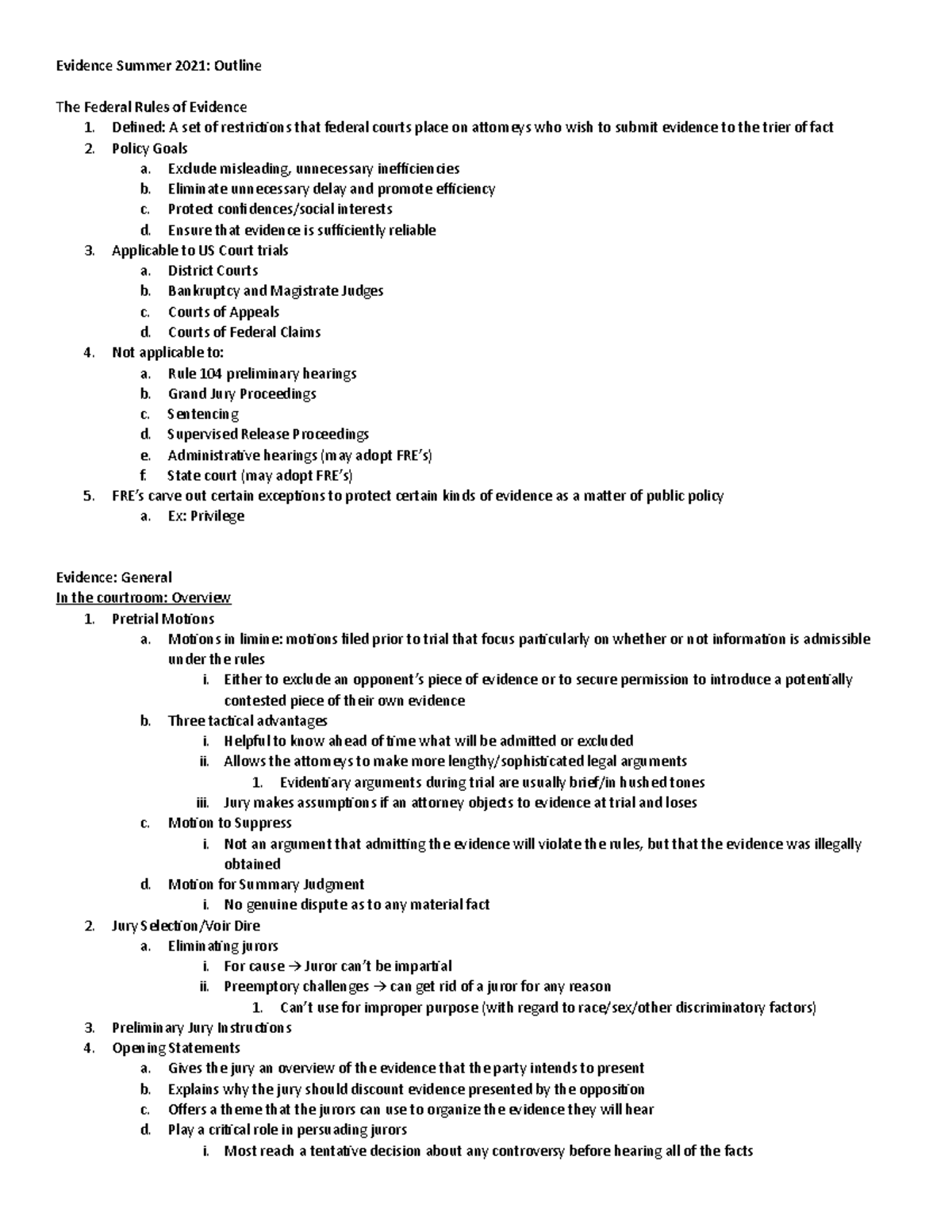 Evidence Outline - Evidence Summer 2021: Outline The Federal Rules of ...