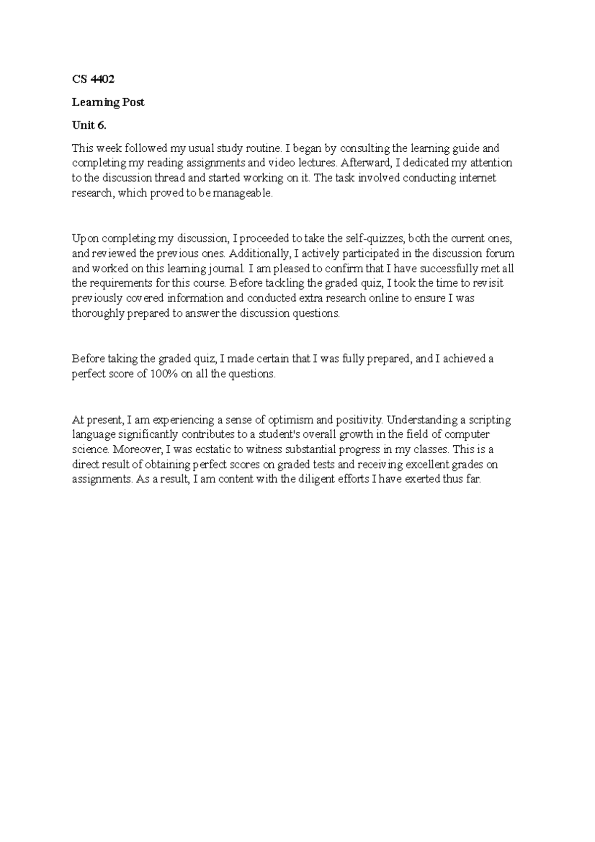 CS 4402 Learning Journal Unit 6 CS 4402 Learning Post Unit 6 This CS 4402 Learning Journal Unit 6 CS 4402 Learning Post Unit 6 This