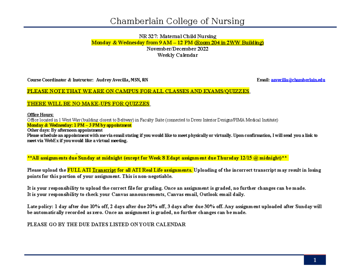 NR 327 MW AA Nov 2022 - Course calendar - NR 327: Maternal Child Nursing  Monday &amp; Wednesday from - Studocu