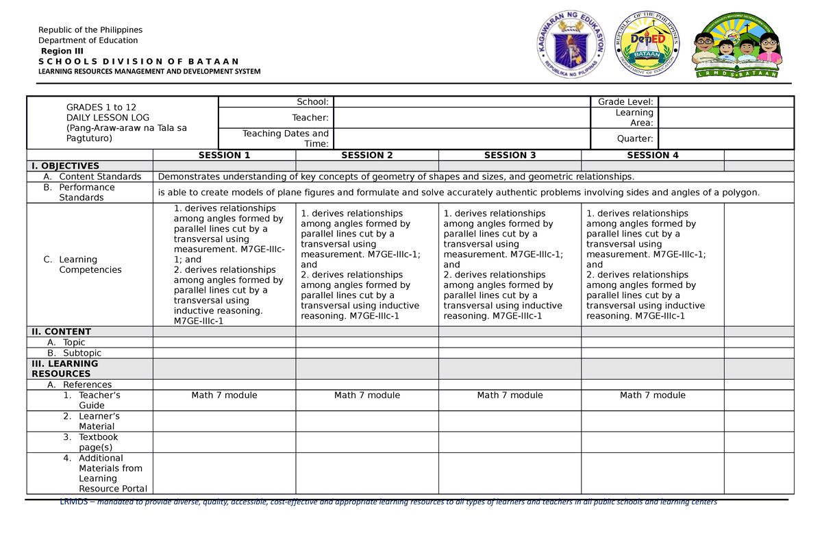 daily lesson log math 7 - Department of Education Region III S C H O O ...