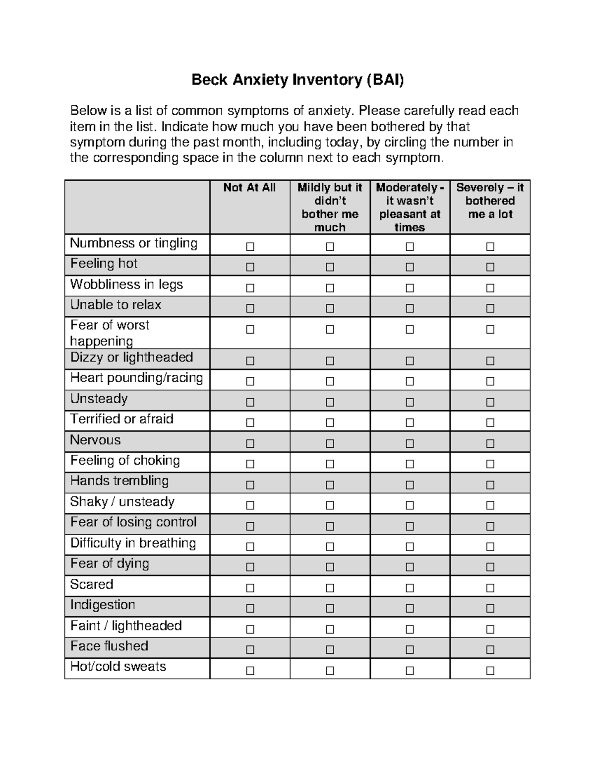 Beck Anxiety Inventory 2 Beck Anxiety Inventory BAI Below Is A List 
