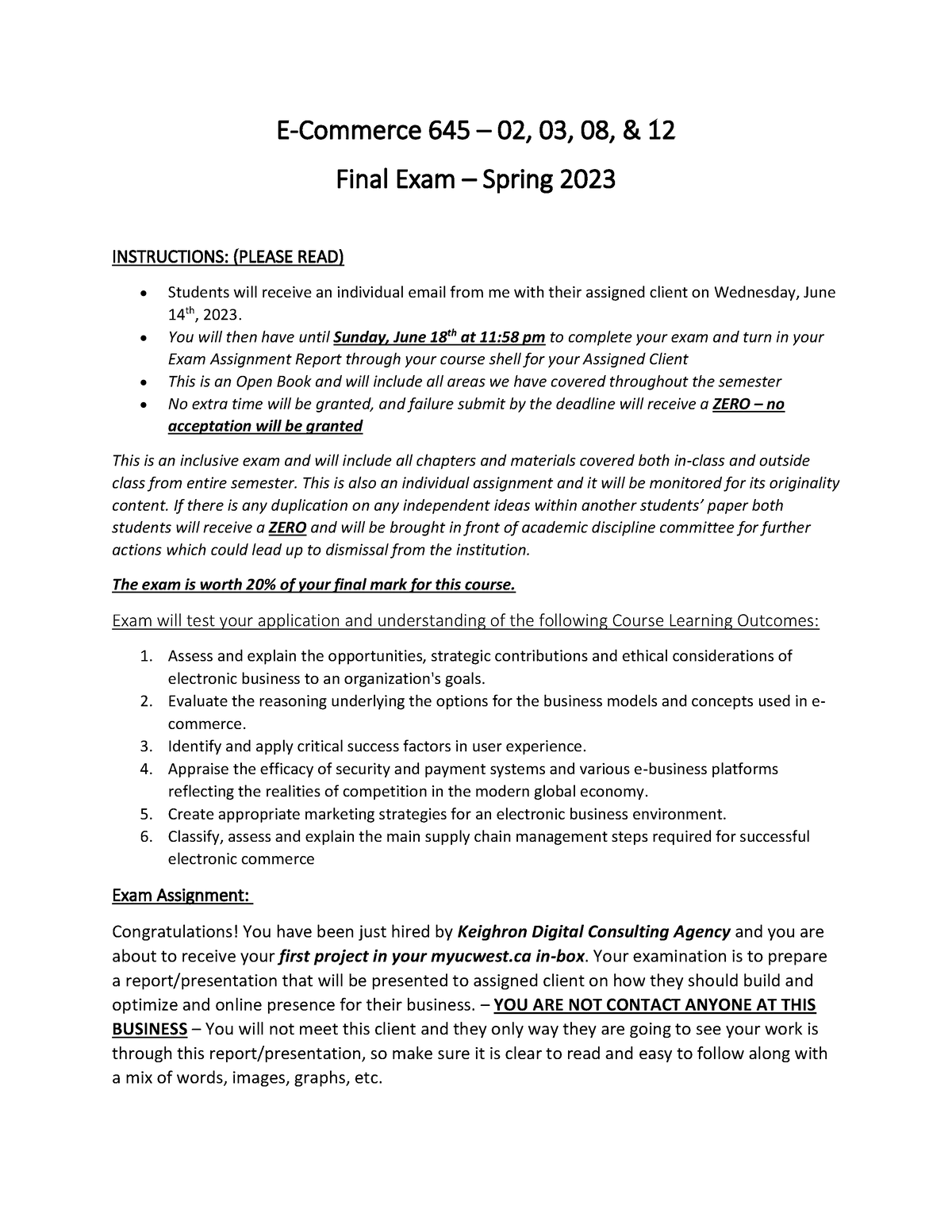 Final Exam Spring 2023 BUSI 645 UCW Studocu