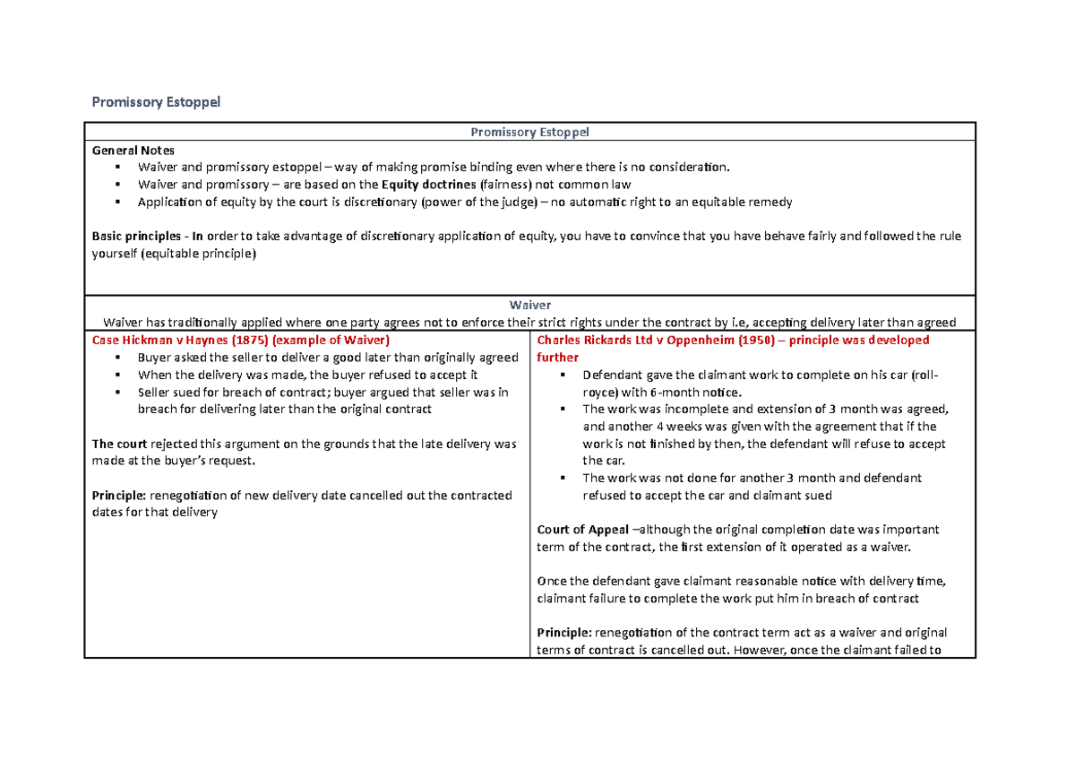 Promissory Estoppel - Level 4 first year Contract notes - Promissory ...