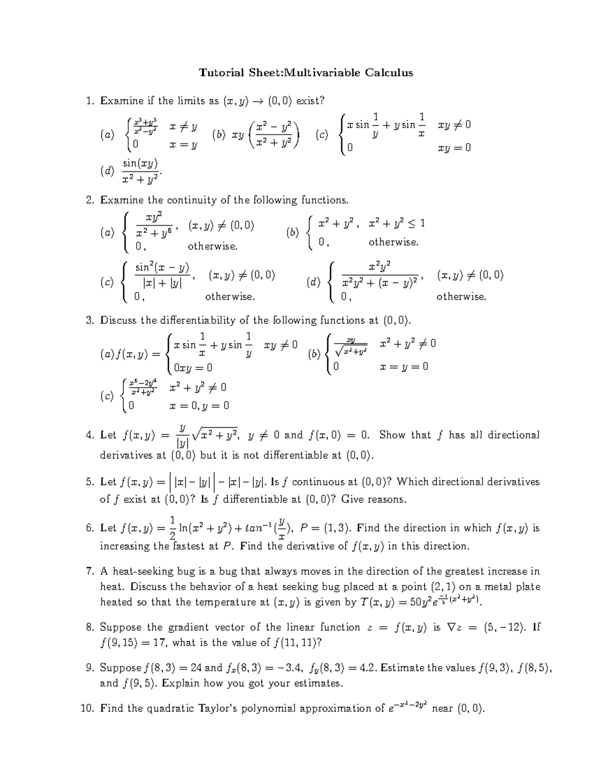 Tutorial-4 - Multivariable Calculus - Tutorial Sheet:Multivariable ...