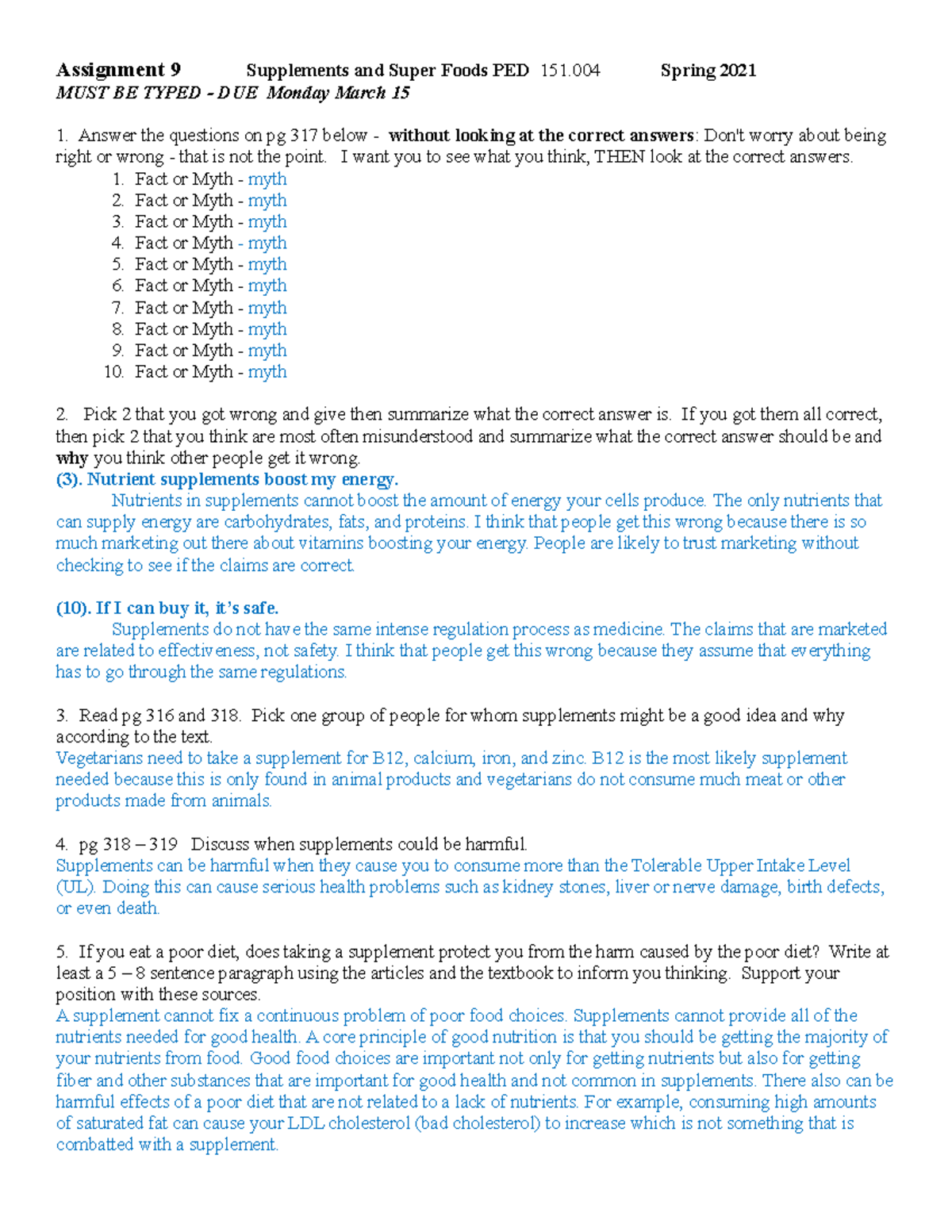 Nutrition Assignment 9 PED S21 answers - Assignment 9 Supplements and ...