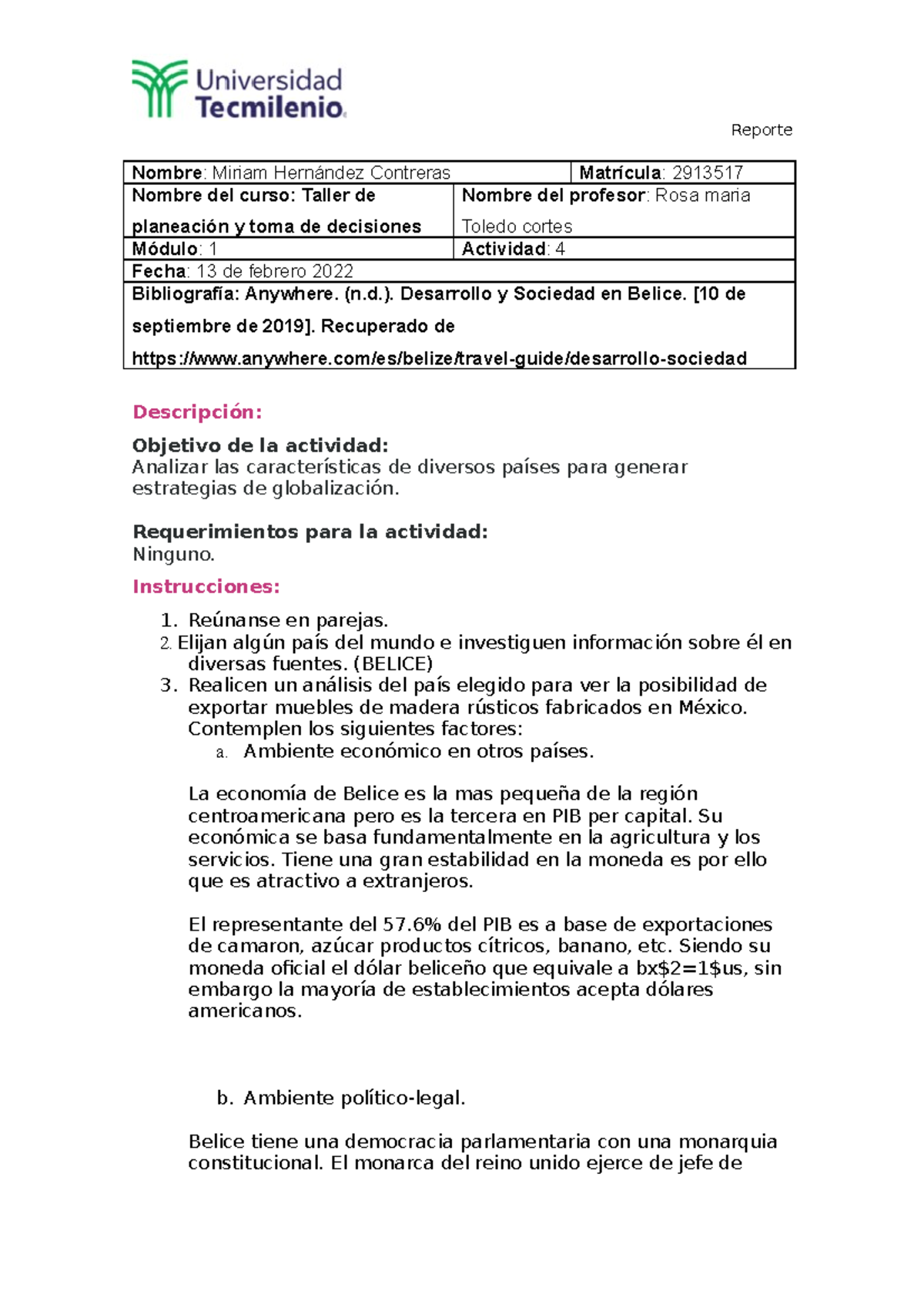 Actividad 4 taller de planeacion y toma de decisiones - Reporte Nombre ...
