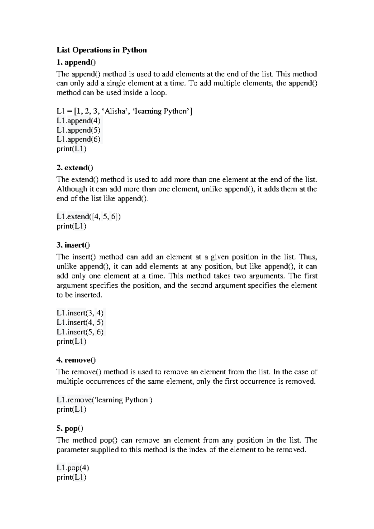 List Operations in Python - List Operations in Python append() The ...