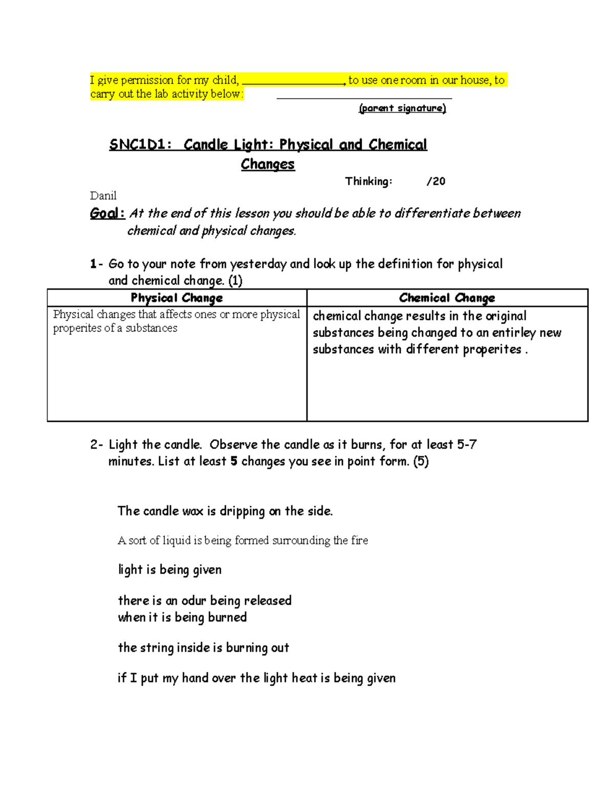 Candle Lab-1 - I give permission for my child, , to use one room in our ...
