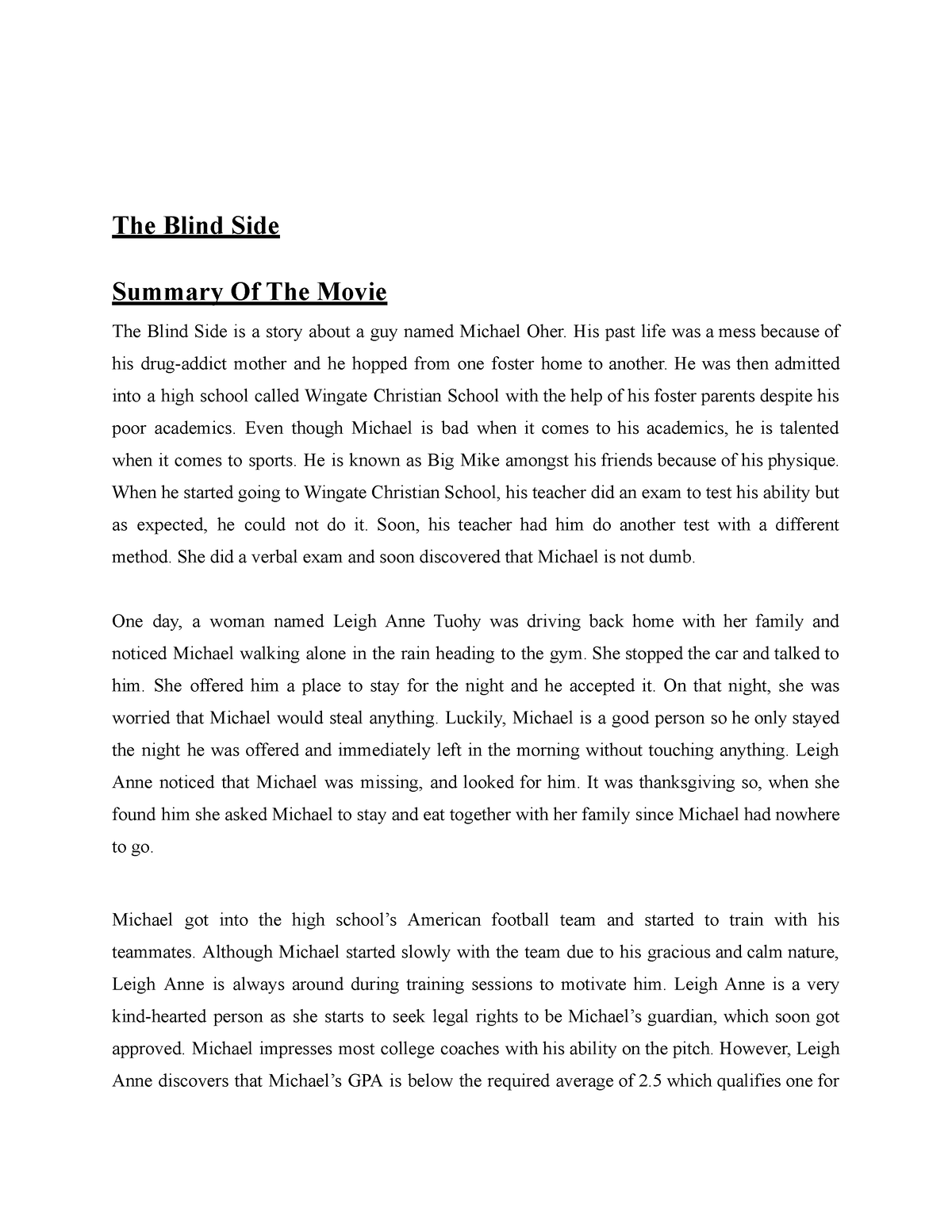 the blind side book summary essay