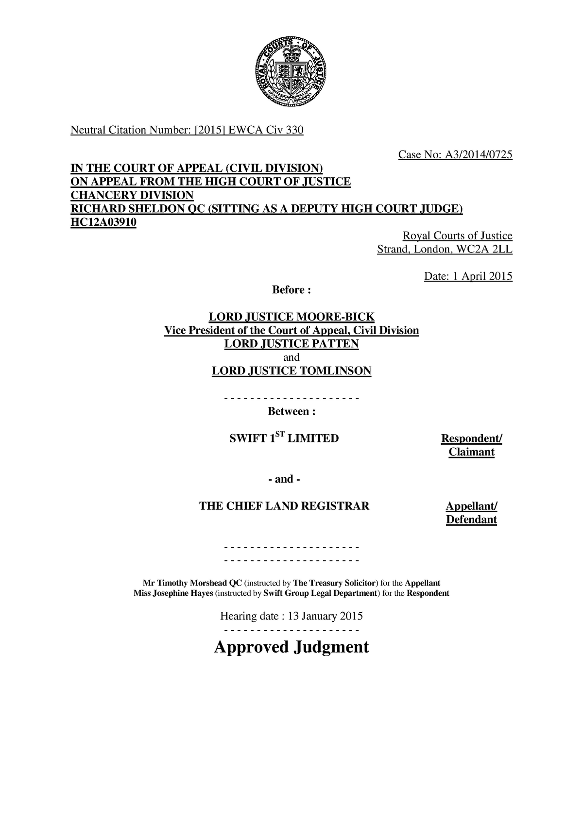 Swift V Land Registrar Judgment - Neutral Citation Number: EWCA Civ 330 ...